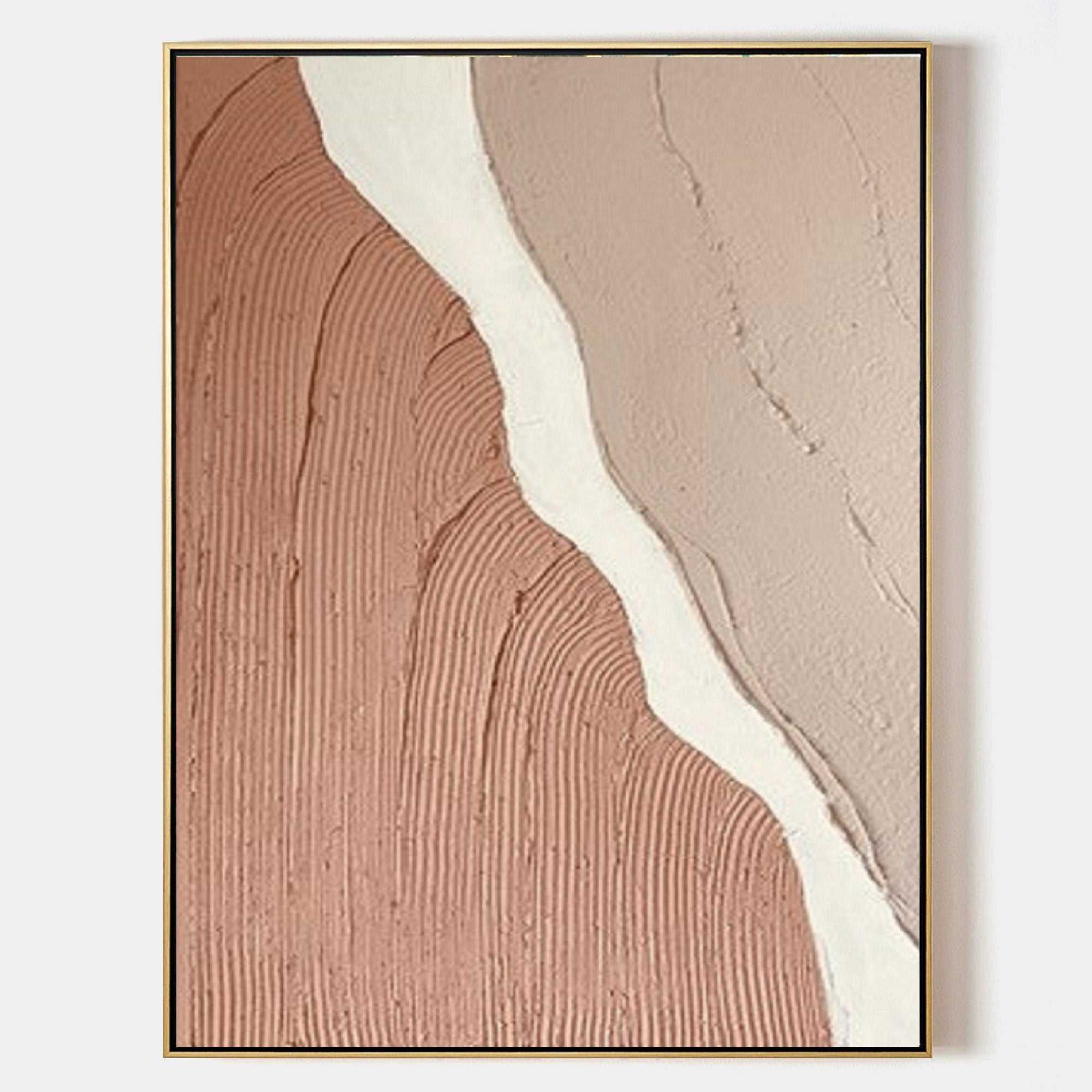 Original hand painted terracotta abstract oil painting canvas, ridged curved texture cream white stripe, scandinavian minimalist elegan