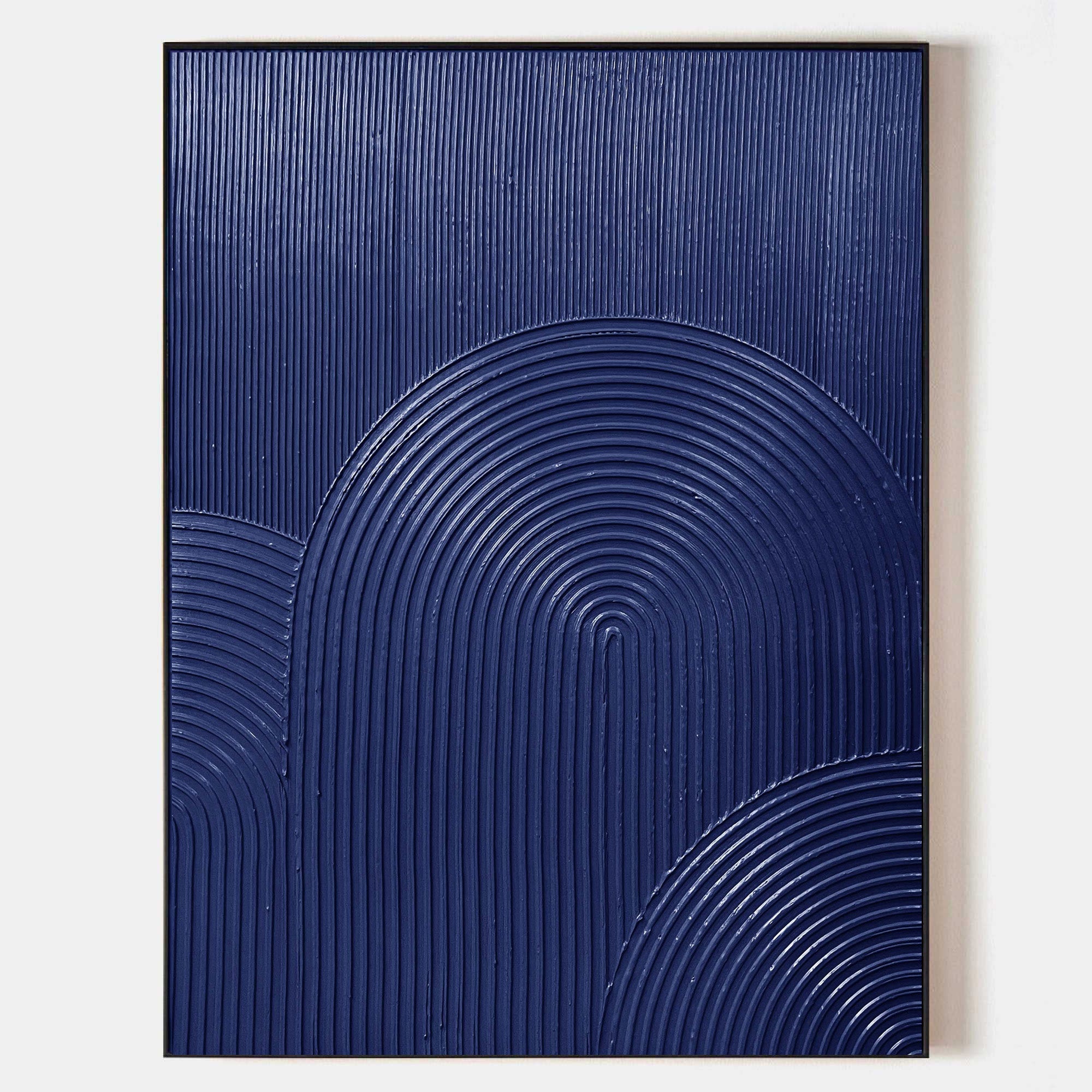 Original hand painted navy blue geometric oil painting canvas wall art, textured concentric arches, nordic scandinavian minimalist eleg