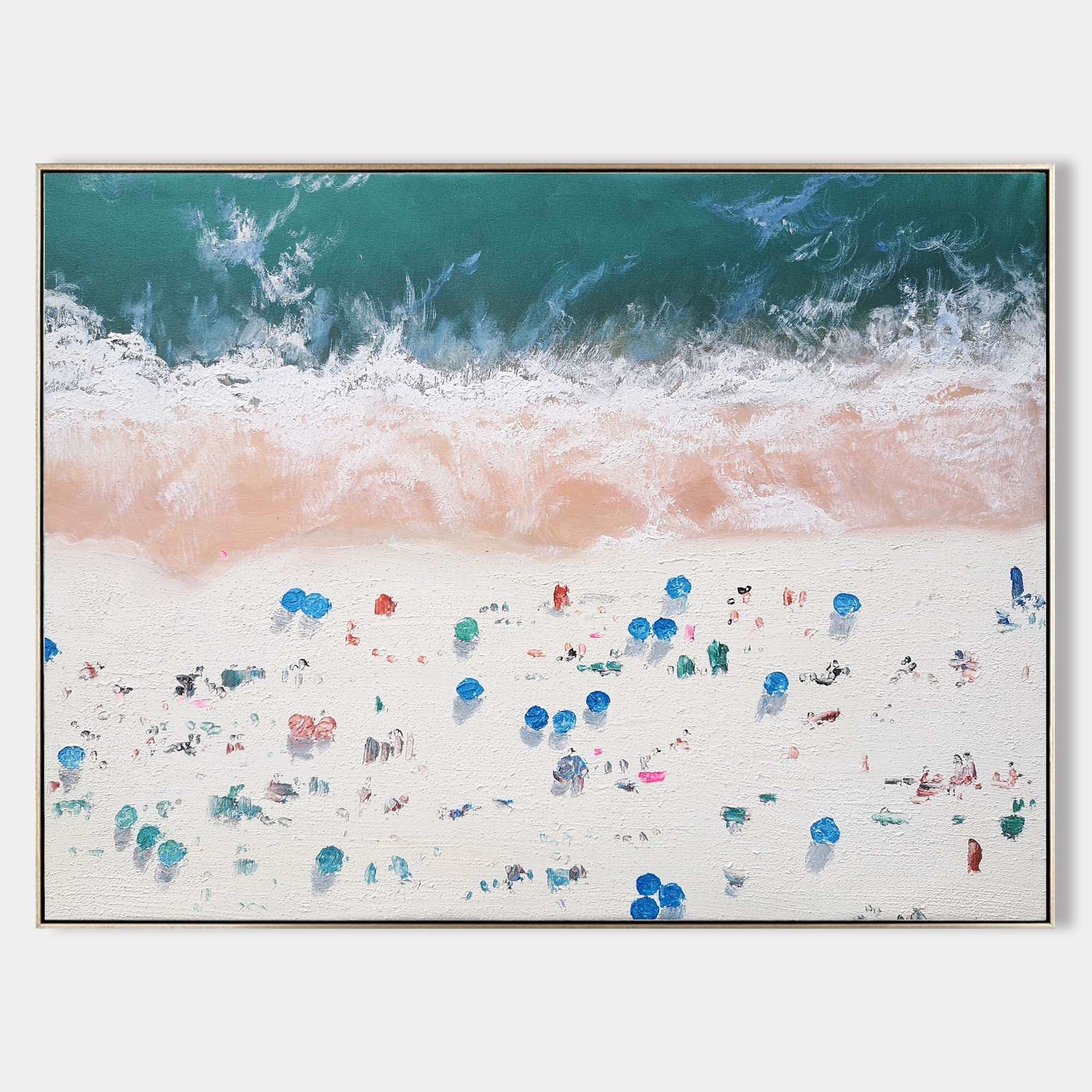 Original hand painted teal coastal aerial beach oil painting canvas wall art, modern elegant luxury nordic scandinavian home decor inte