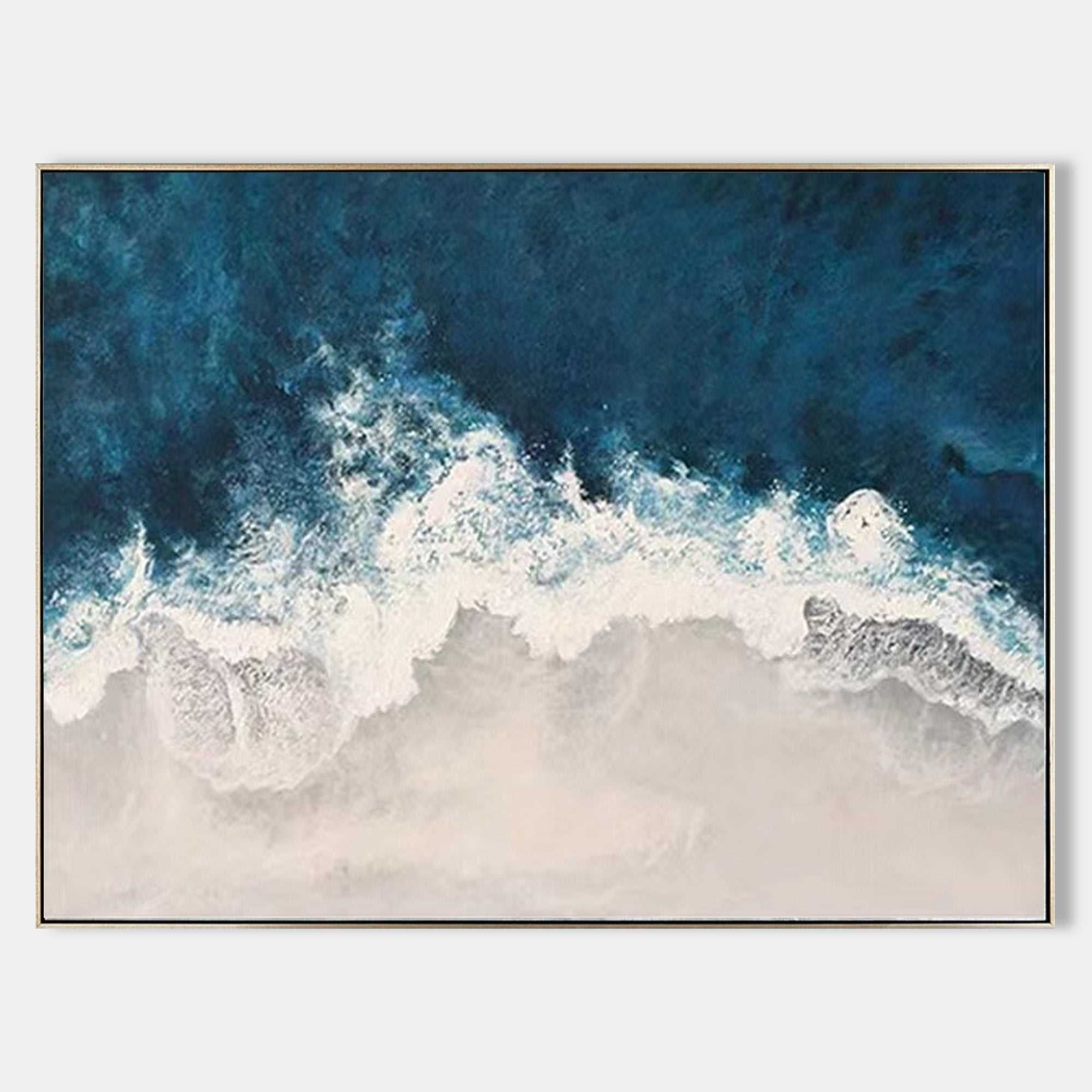 Original hand painted deep teal blue ocean wave abstract oil painting canvas wall art, nordic scandinavian elegant luxury modern coasta
