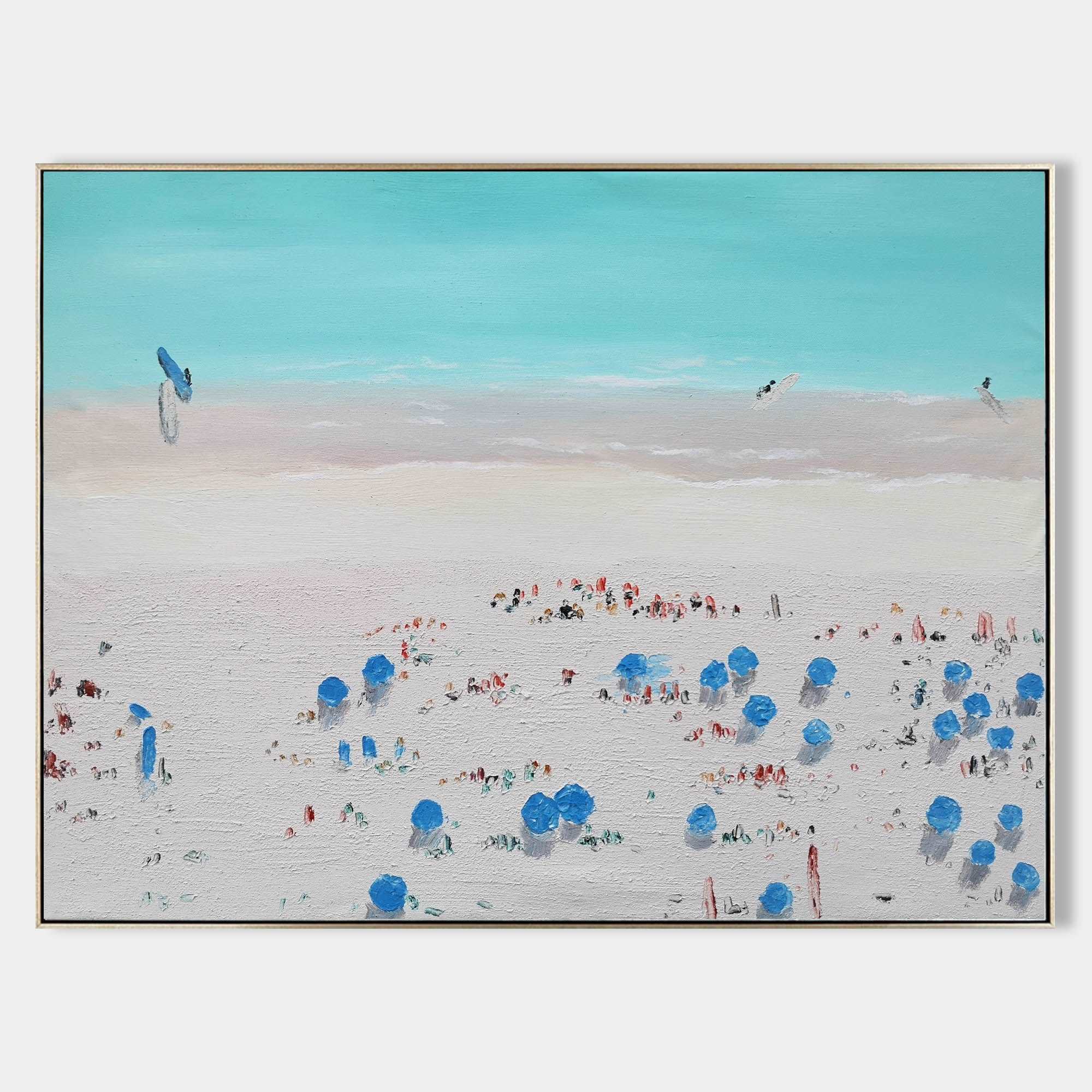 Original hand painted teal coastal aerial beach oil painting canvas wall art, nordic scandinavian minimalist elegant luxury modern livi