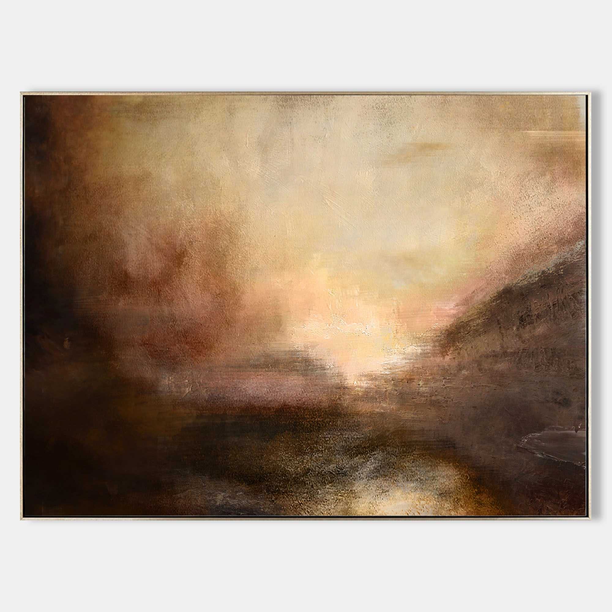 Original hand painted amber golden abstract landscape oil painting canvas wall art, moody atmospheric nordic scandinavian elegant luxur