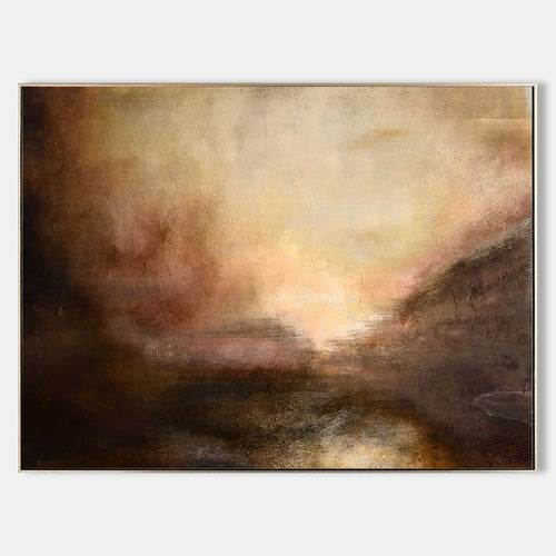 Original hand painted amber golden abstract landscape oil painting canvas wall art, moody atmospheric nordic scandinavian elegant luxur