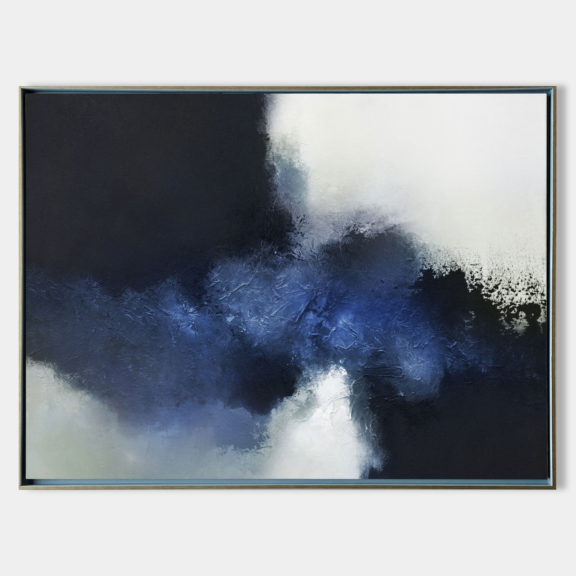 Original hand painted navy cobalt blue white textured abstract oil painting canvas wall art, nordic scandinavian elegant luxury modern