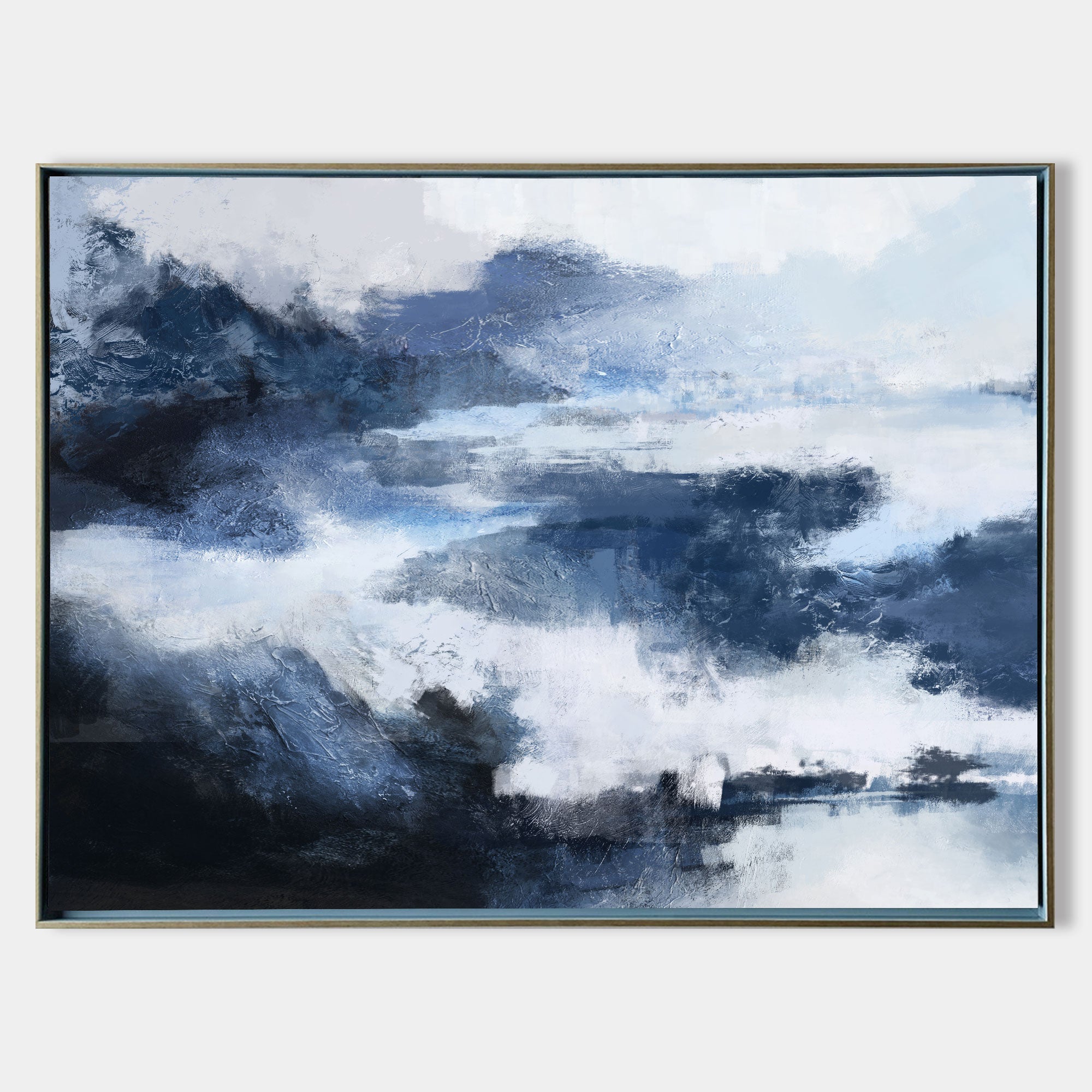 Original hand painted navy blue abstract oil painting canvas wall art, moody atmospheric clouds luxury scandinavian elegant modern livi