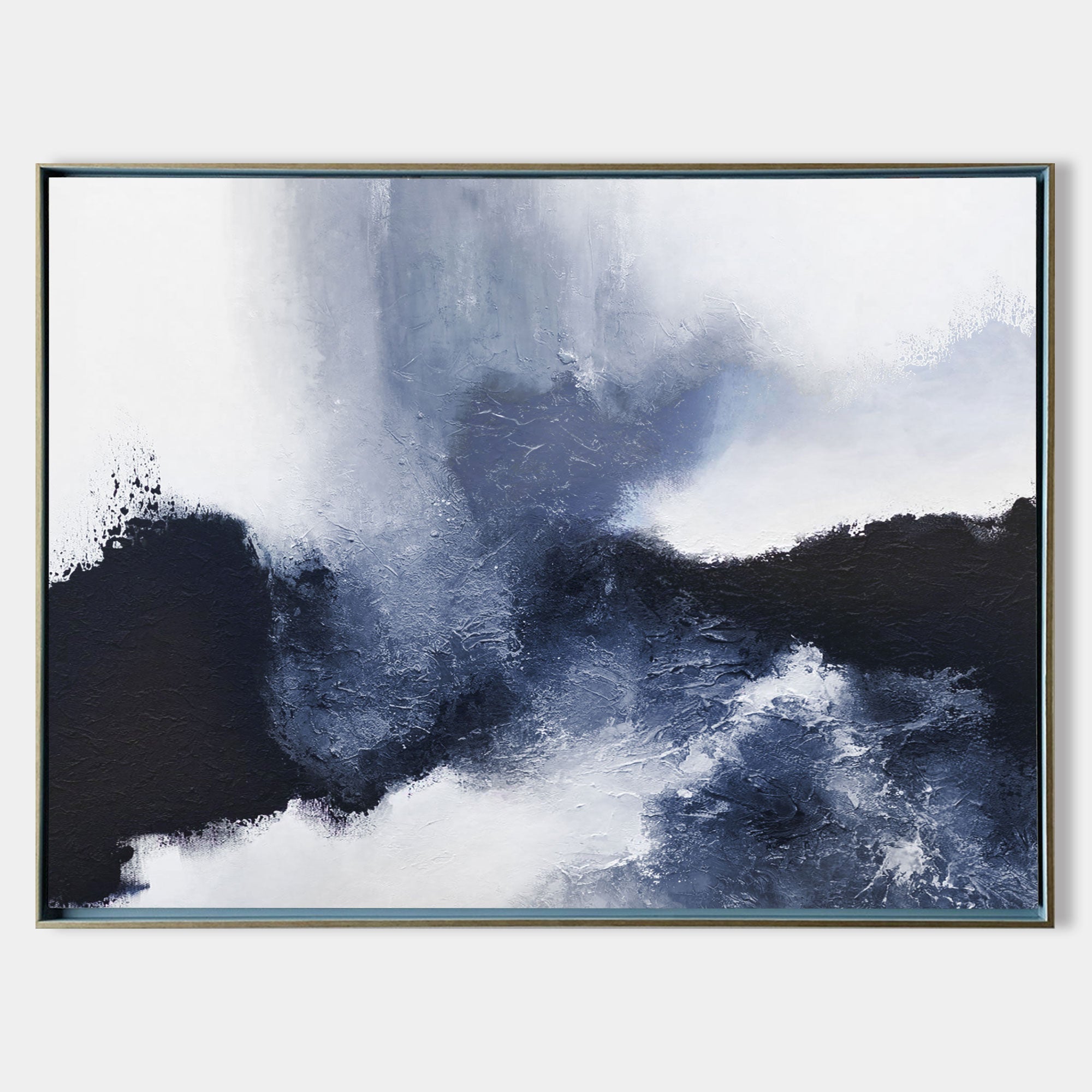 Original hand painted navy black white abstract oil painting canvas wall art, nordic scandinavian elegant luxury modern coastal living