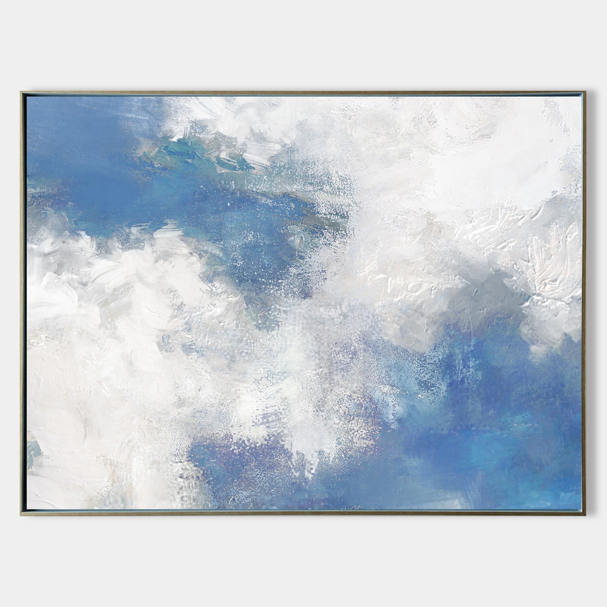 Original hand painted blue white coastal abstract oil painting canvas wall art, nordic scandinavian elegant luxury modern living room h