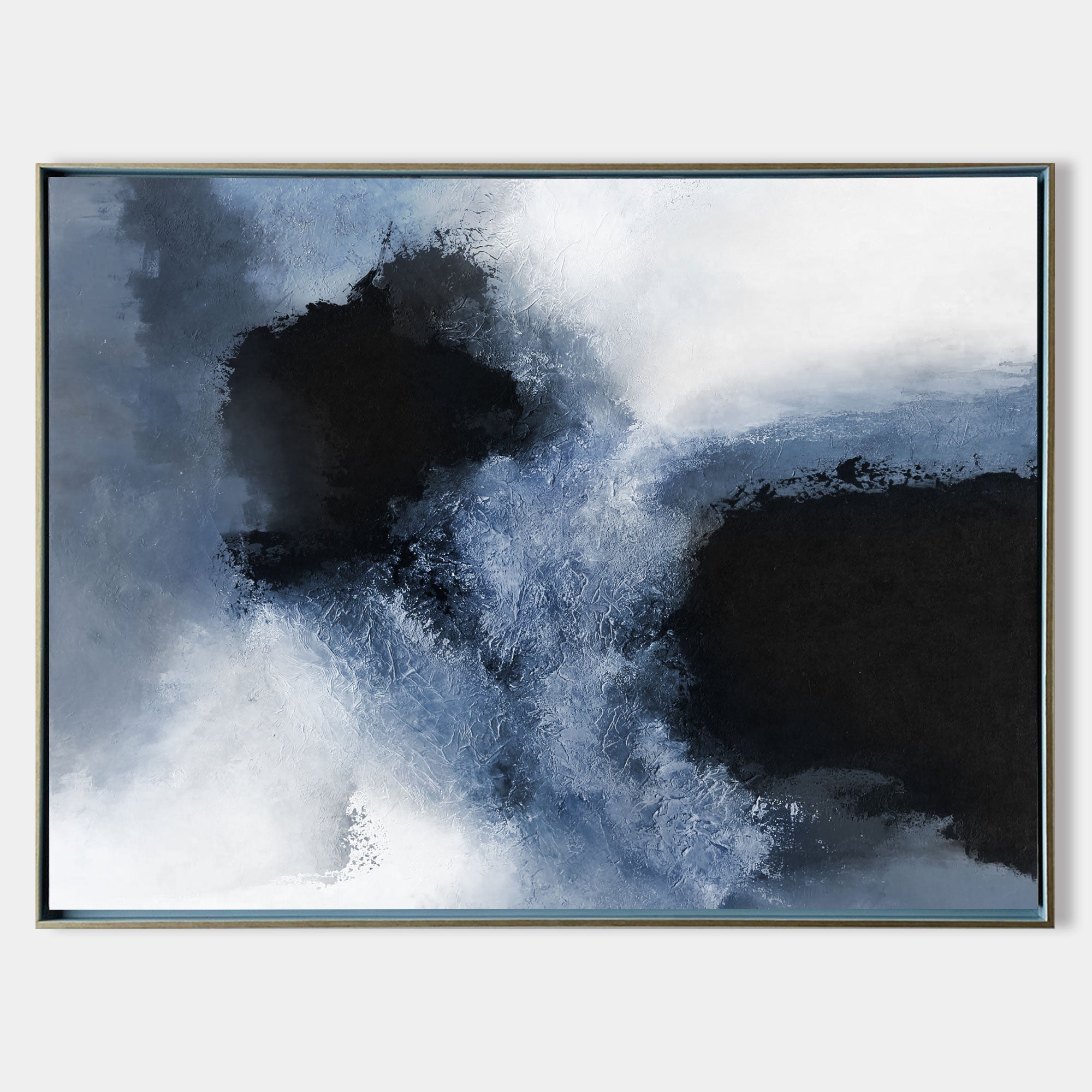 Original hand painted black indigo blue abstract oil painting canvas wall art, nordic scandinavian elegant luxury modern coastal living