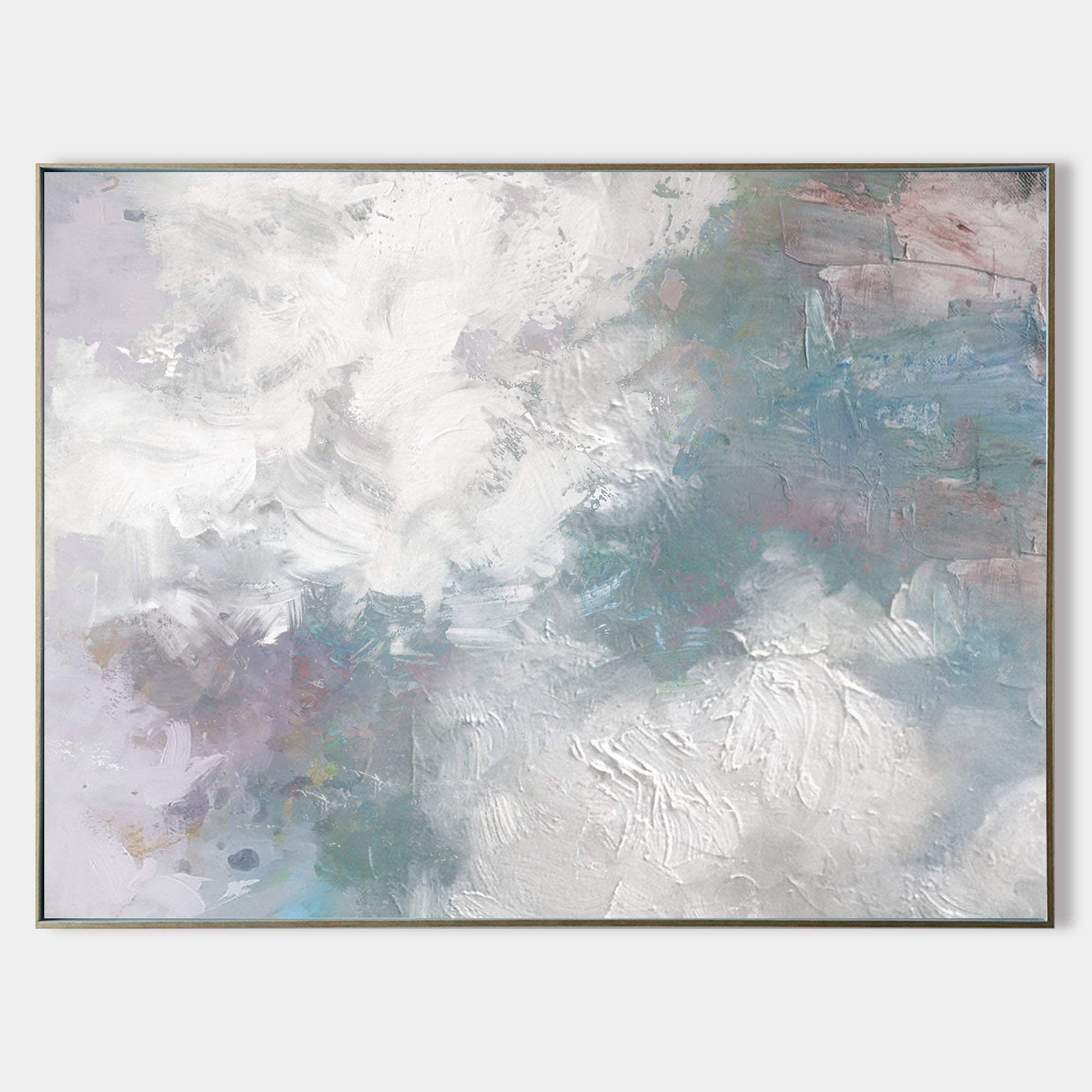 Original hand painted white teal blush abstract cloud oil painting canvas wall art, nordic scandinavian minimalist elegant luxury moder
