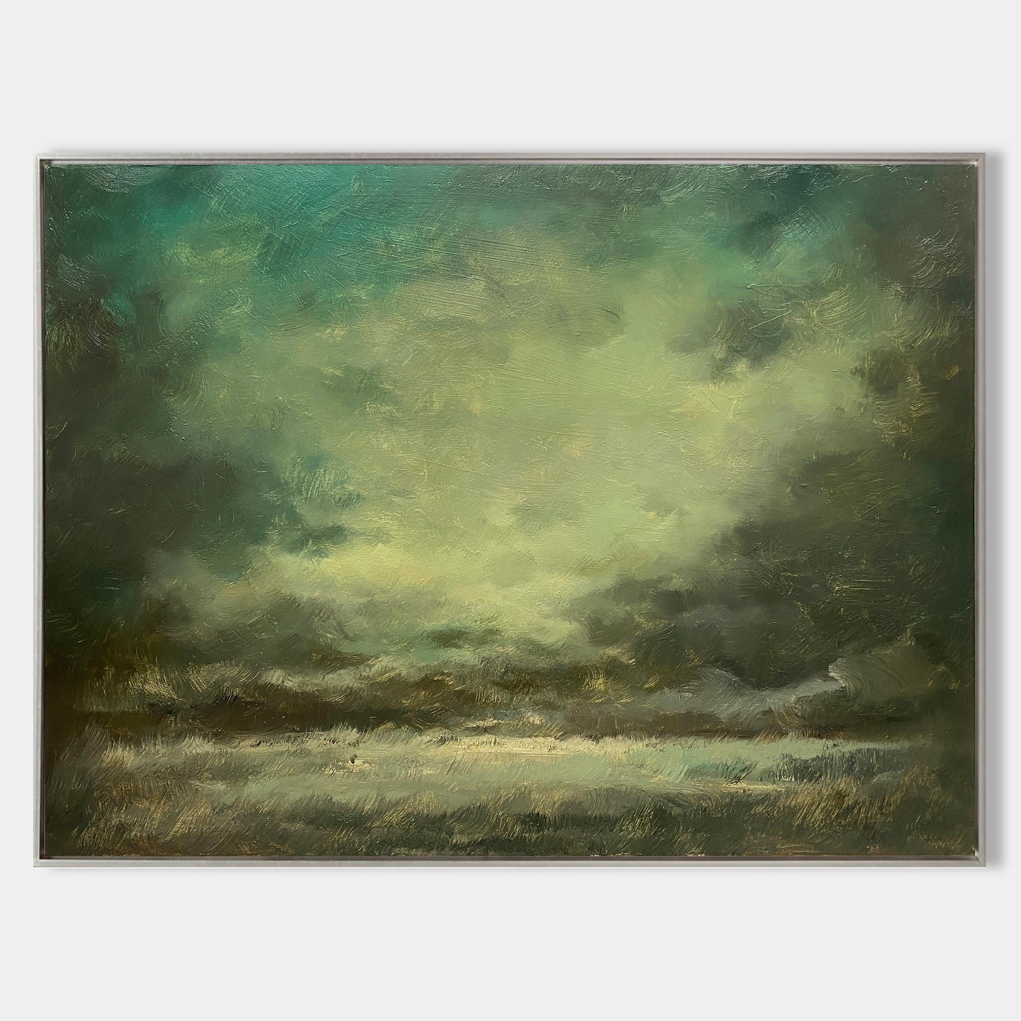 Original hand painted teal green moody cloudscape abstract oil painting canvas wall art, nordic scandinavian elegant luxury modern livi