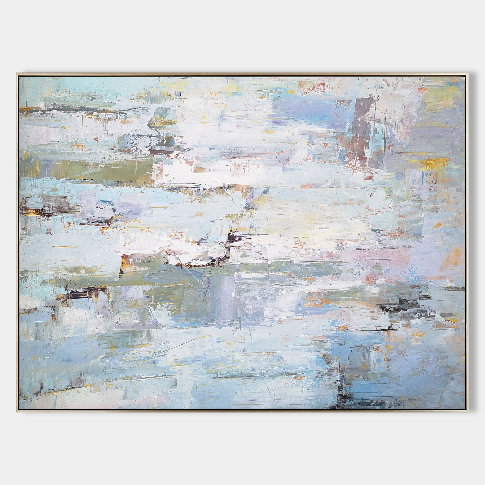 Original hand painted icy blue lavender white abstract oil painting canvas wall art, nordic scandinavian elegant luxury modern coastal