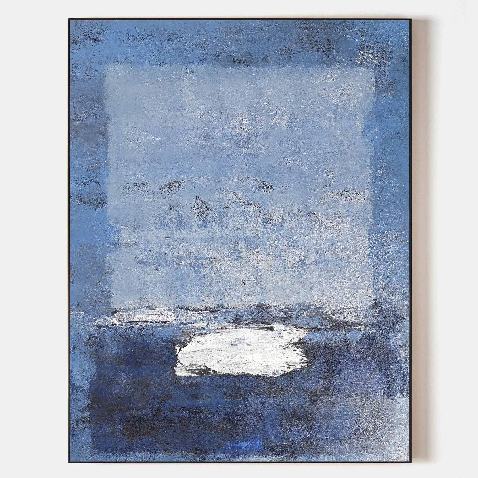 Original hand painted blue abstract oil painting canvas wall art, textured navy frost tones, nordic scandinavian elegant luxury modern