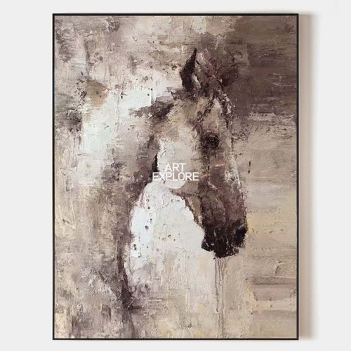 Original hand painted abstract grey horse oil painting canvas wall art, nordic scandinavian elegant luxury modern living room home deco