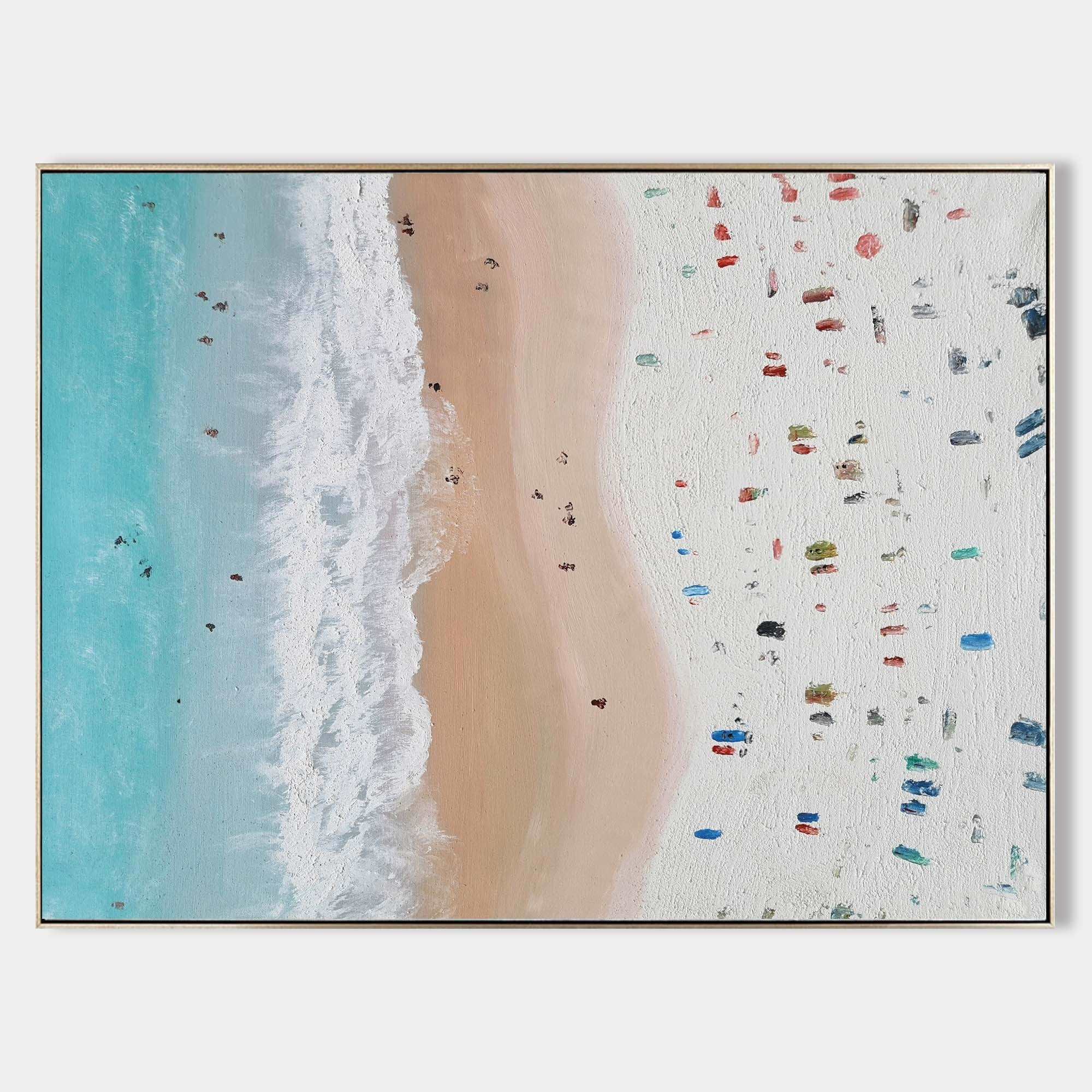 Original hand painted teal coastal aerial beach oil painting canvas wall art, nordic scandinavian minimalist elegant luxury modern livi