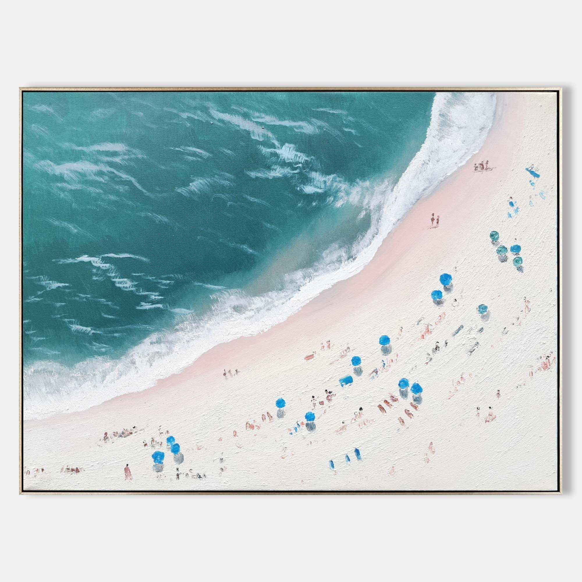 Original hand painted teal aerial coastal beach oil painting canvas wall art, elegant luxury modern scandinavian nordic coastal home de