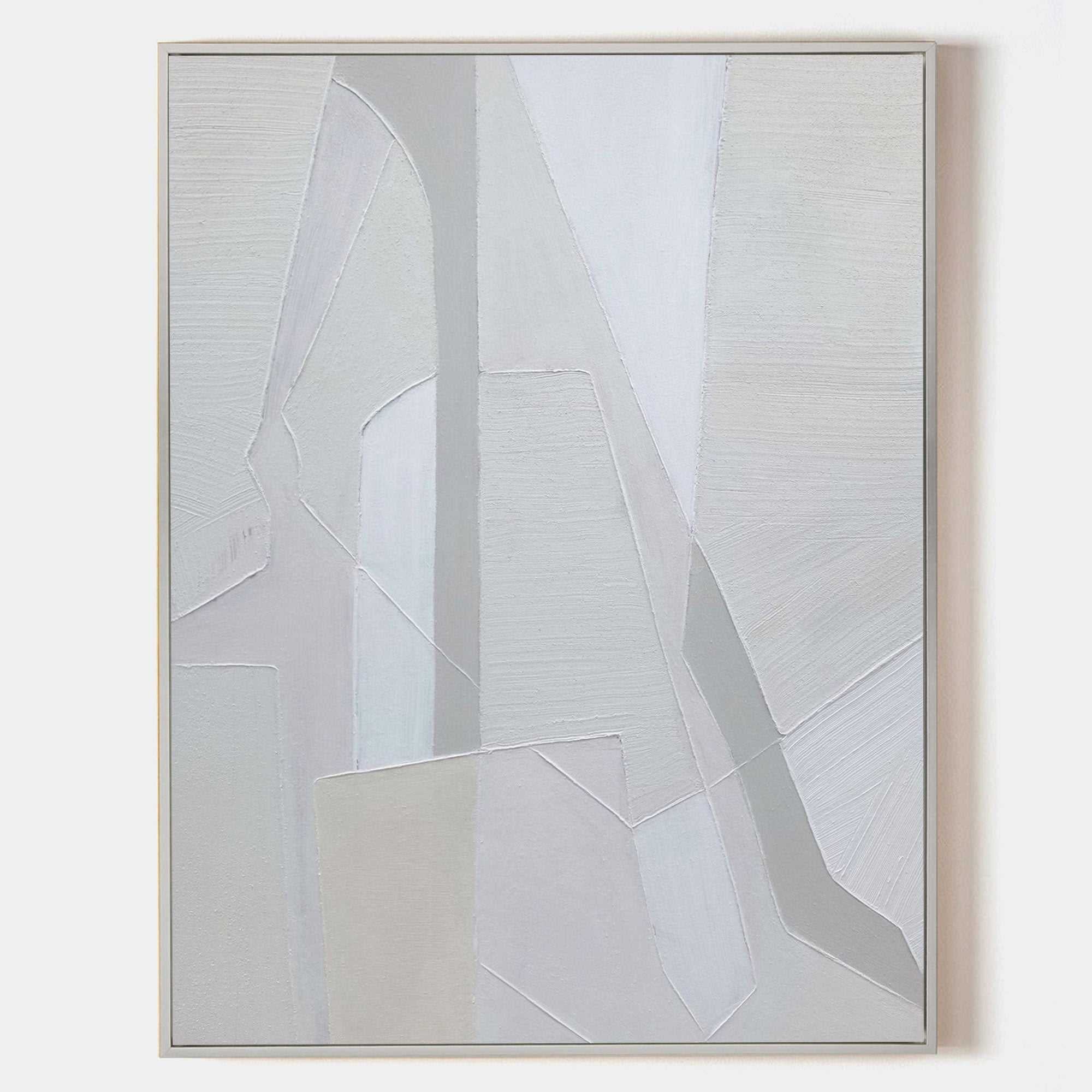 Original hand painted white grey geometric abstract oil painting canvas wall art, nordic scandinavian elegant luxury minimalist modern