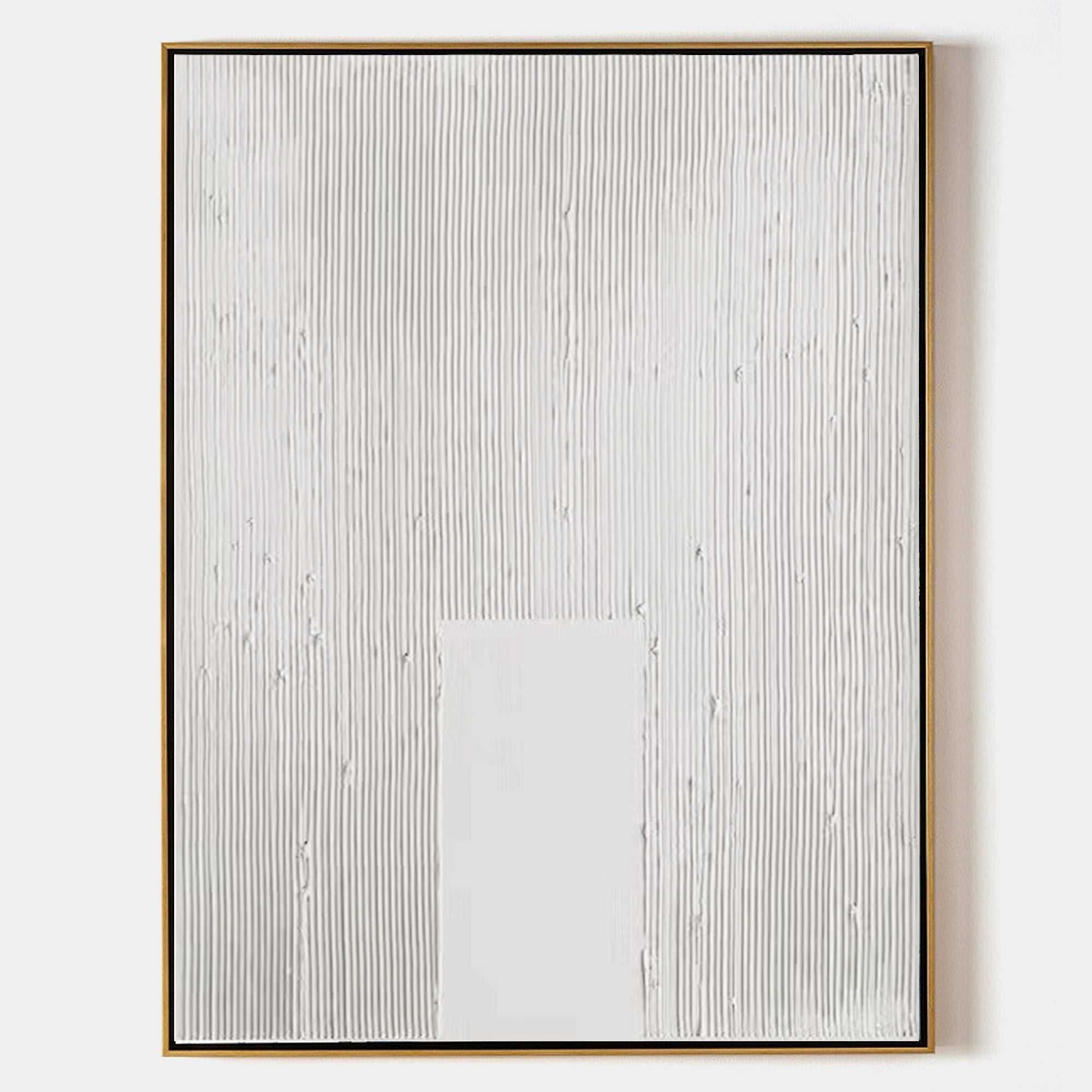 Original hand painted ivory abstract oil painting canvas, fine vertical textured ridges with smooth geometric rectangle, nordic scandin