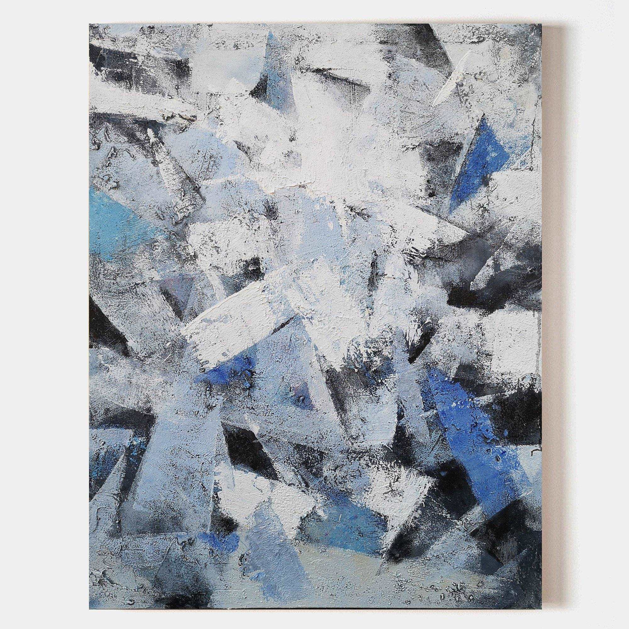 Original hand painted blue white black geometric abstract oil painting canvas wall art, nordic scandinavian elegant luxury modern livin