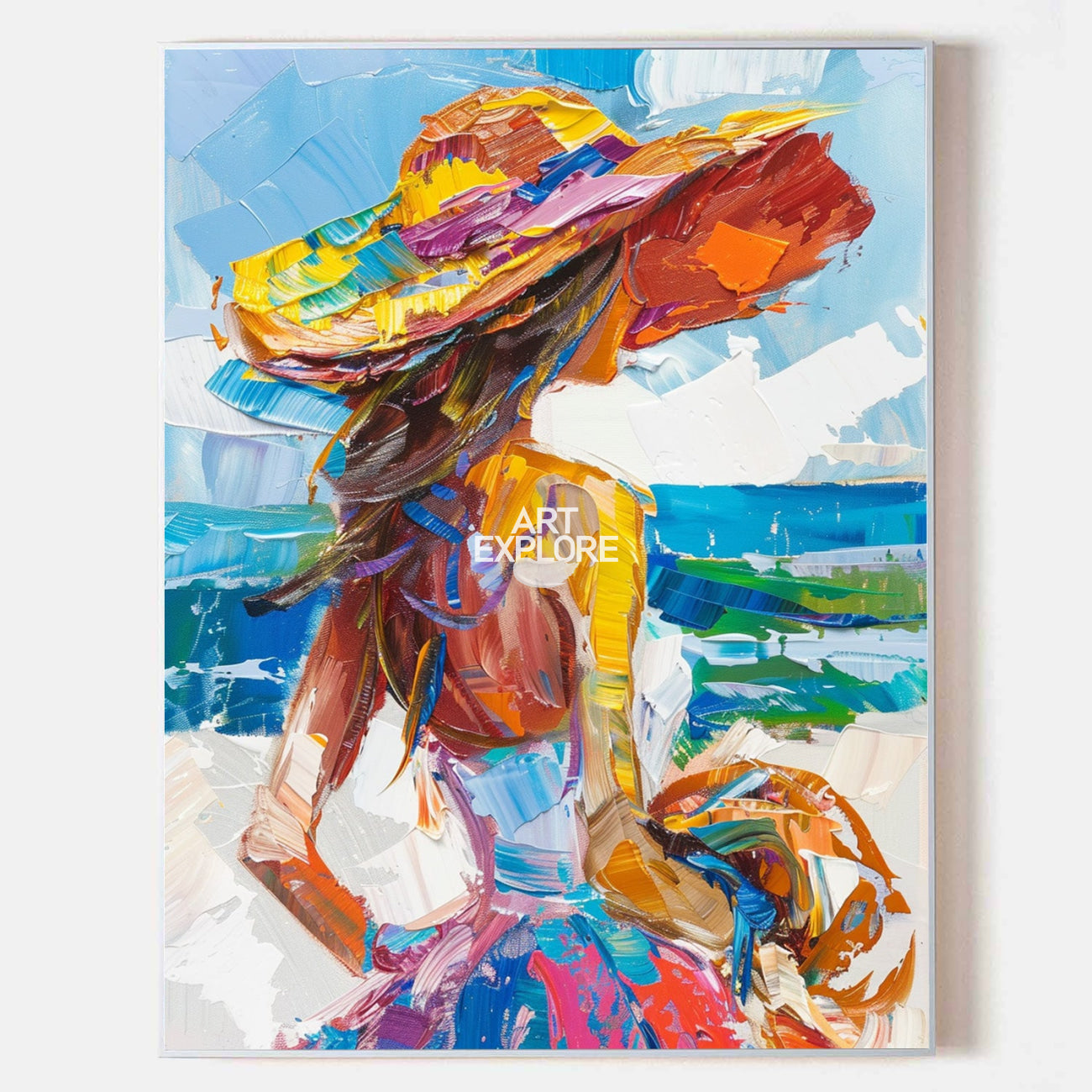 Original hand painted coastal abstract oil painting canvas, woman in colorful hat by the sea, bold blue ochre red, elegant luxury moder