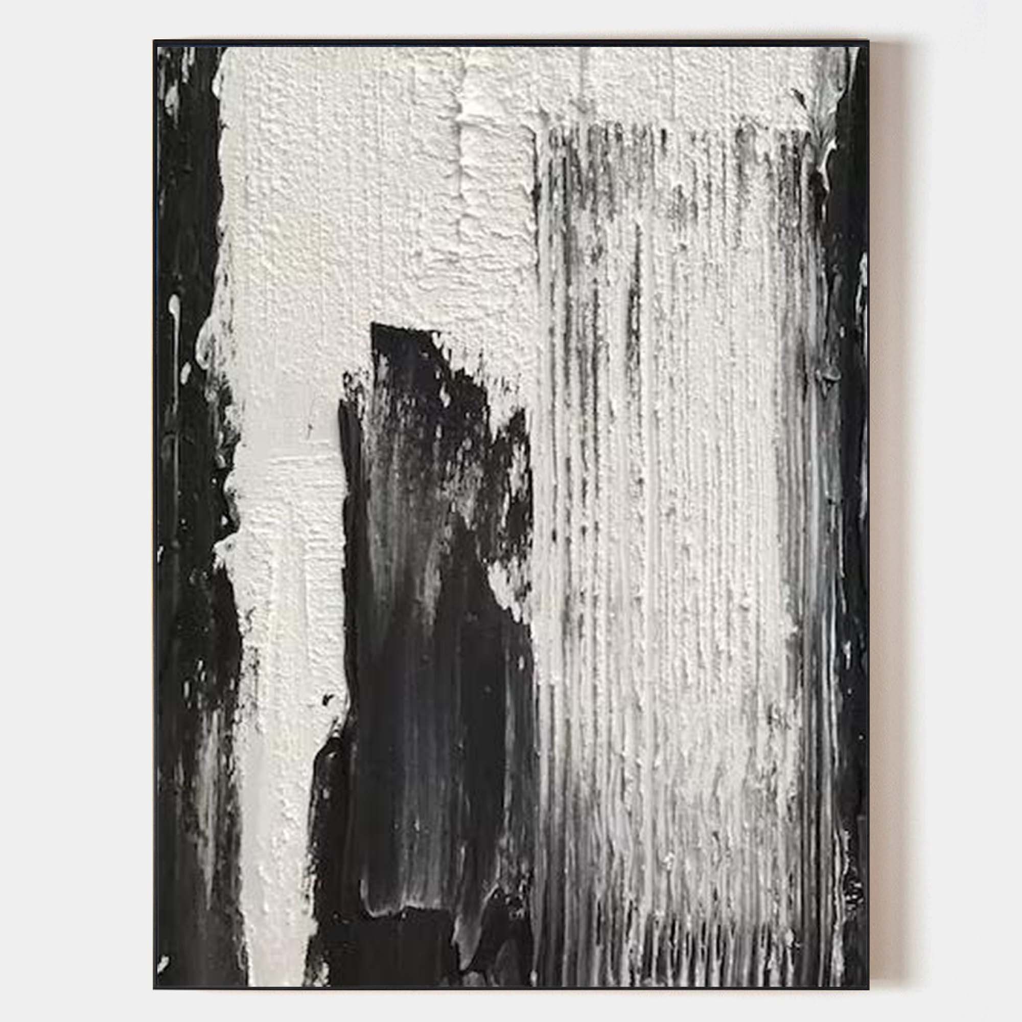 Original hand painted black white abstract oil painting canvas wall art, bold brushstrokes texture drips nordic scandinavian minimalist