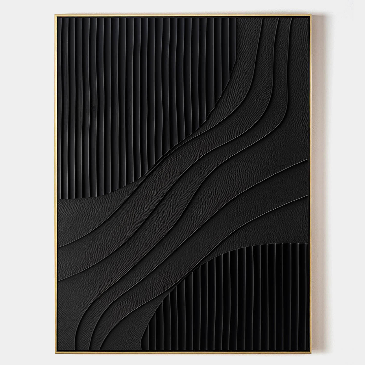 Original hand painted black abstract oil painting canvas, flowing wave textures vertical ridges, elegant luxury nordic modern minimalis