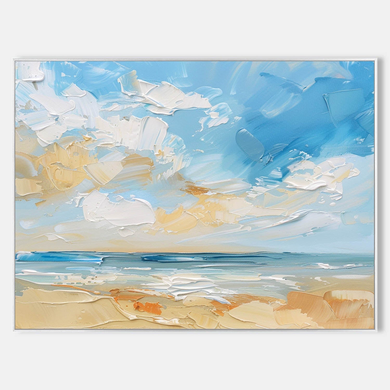 Original hand painted blue sky sandy beach abstract oil painting canvas wall art, coastal elegant luxury modern scandinavian living roo