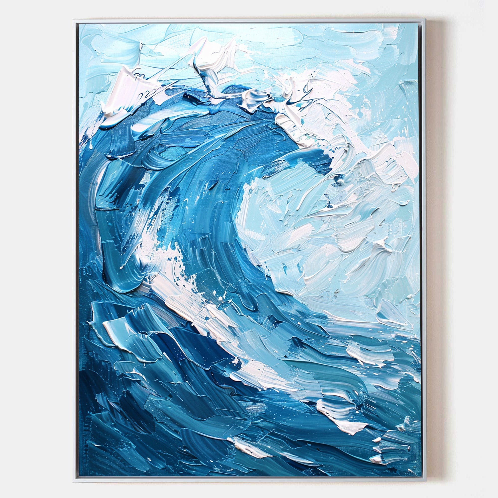 Original hand painted cobalt blue ocean wave abstract oil painting canvas wall art, coastal elegant luxury modern scandinavian home dec