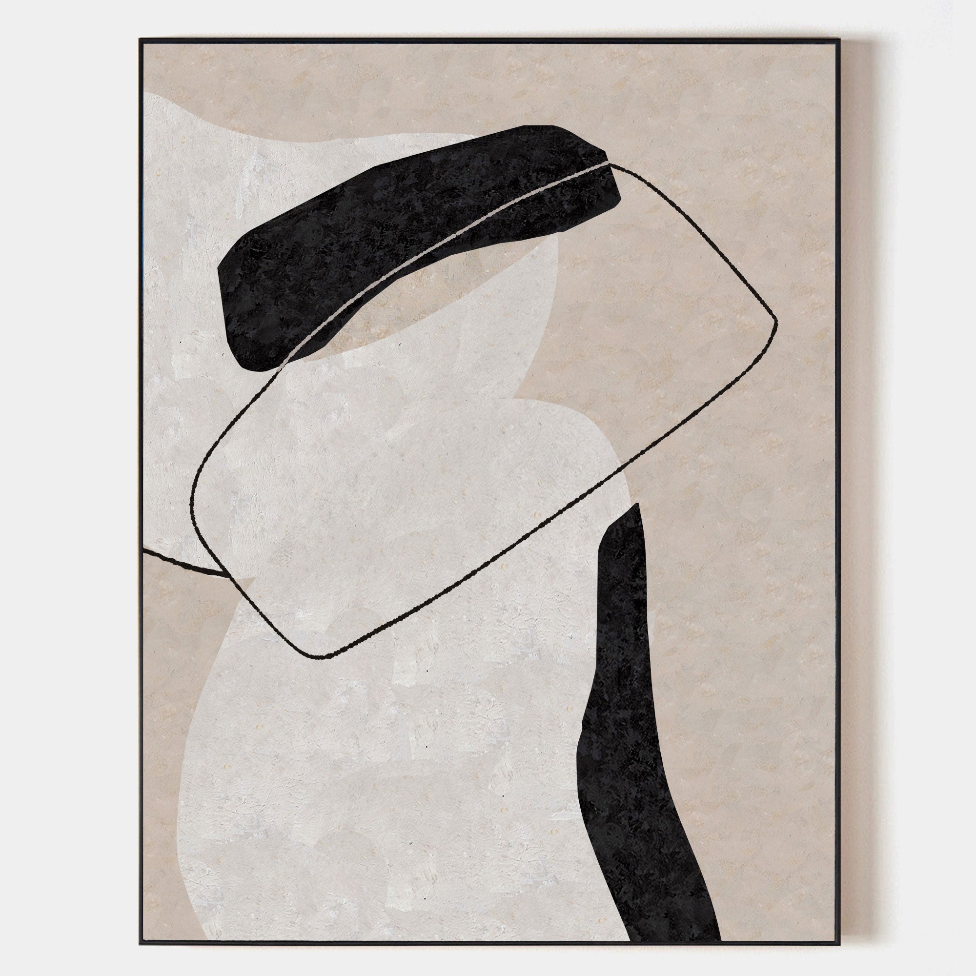 Original hand painted beige ivory charcoal abstract organic shapes oil painting canvas, nordic scandinavian minimalist elegant luxury m