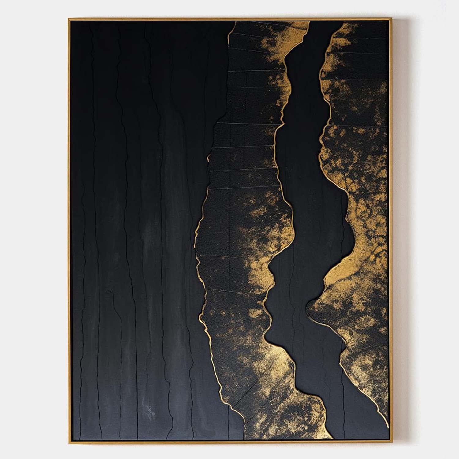 Original hand painted black gold abstract oil painting canvas wall art, nordic scandinavian elegant luxury modern living room interior