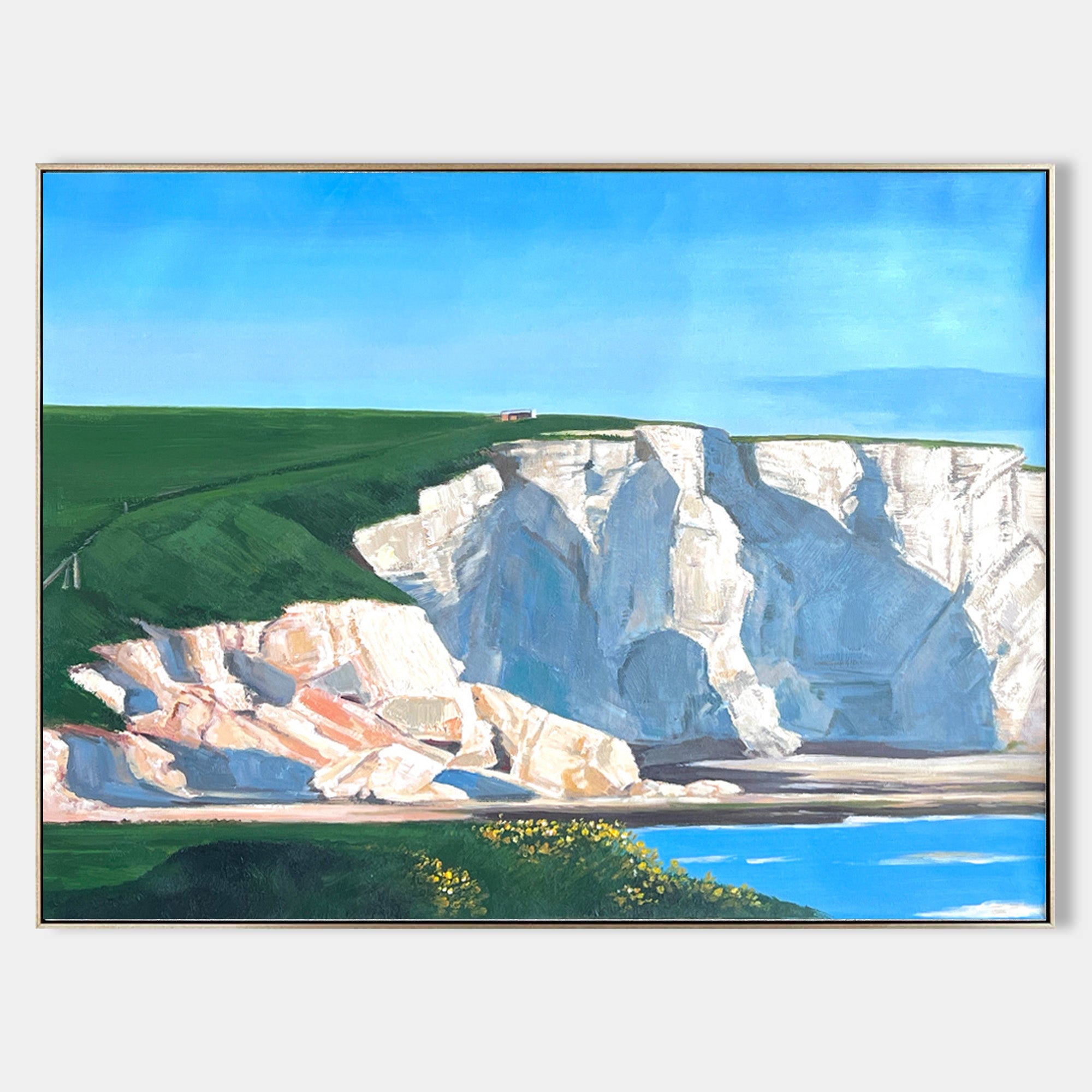 Original hand painted white chalk coastal cliffs oil painting canvas wall art, elegant luxury modern scandinavian nordic home decor int