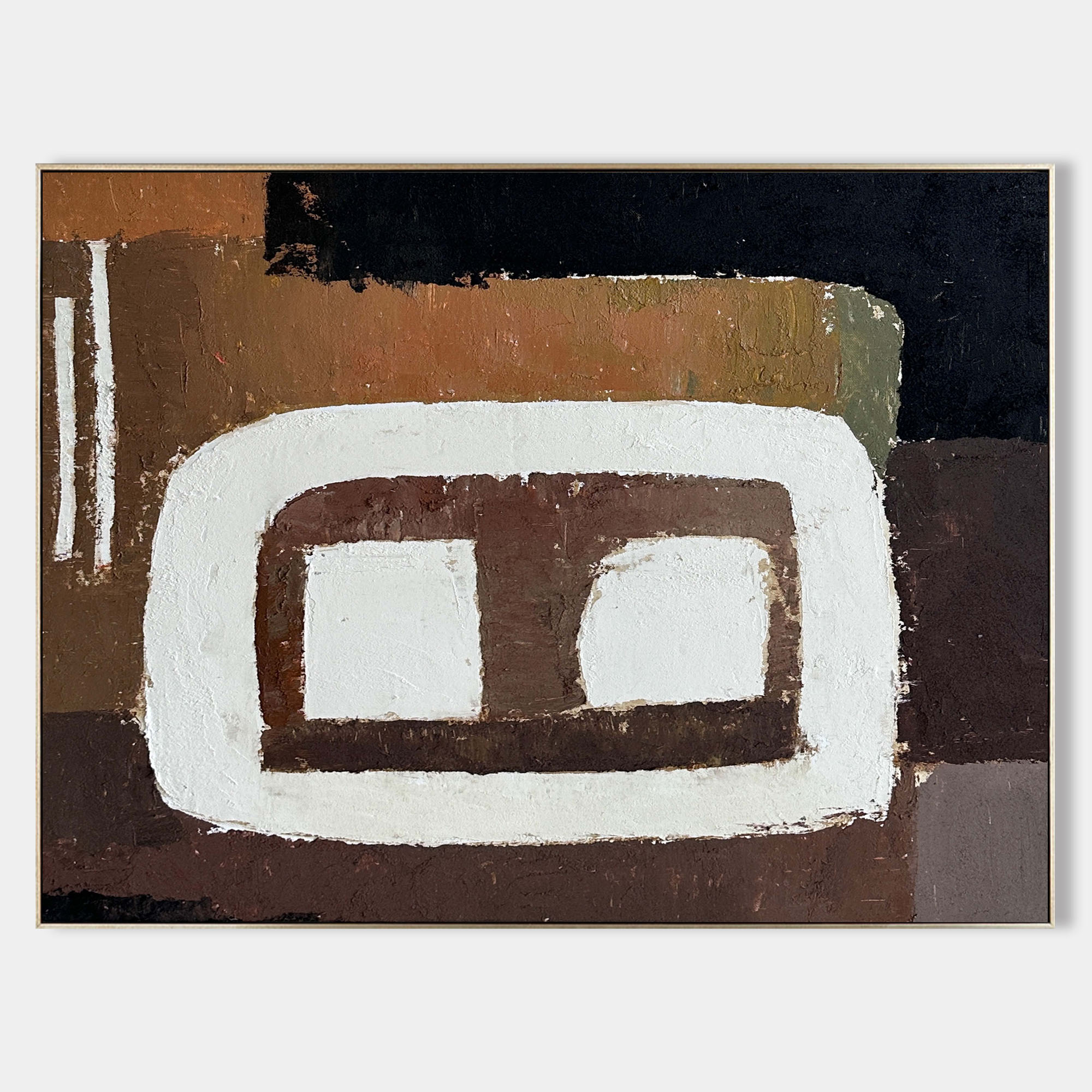 Original hand painted sienna brown black geometric abstract oil painting canvas wall art, nordic scandinavian minimalist elegant luxury