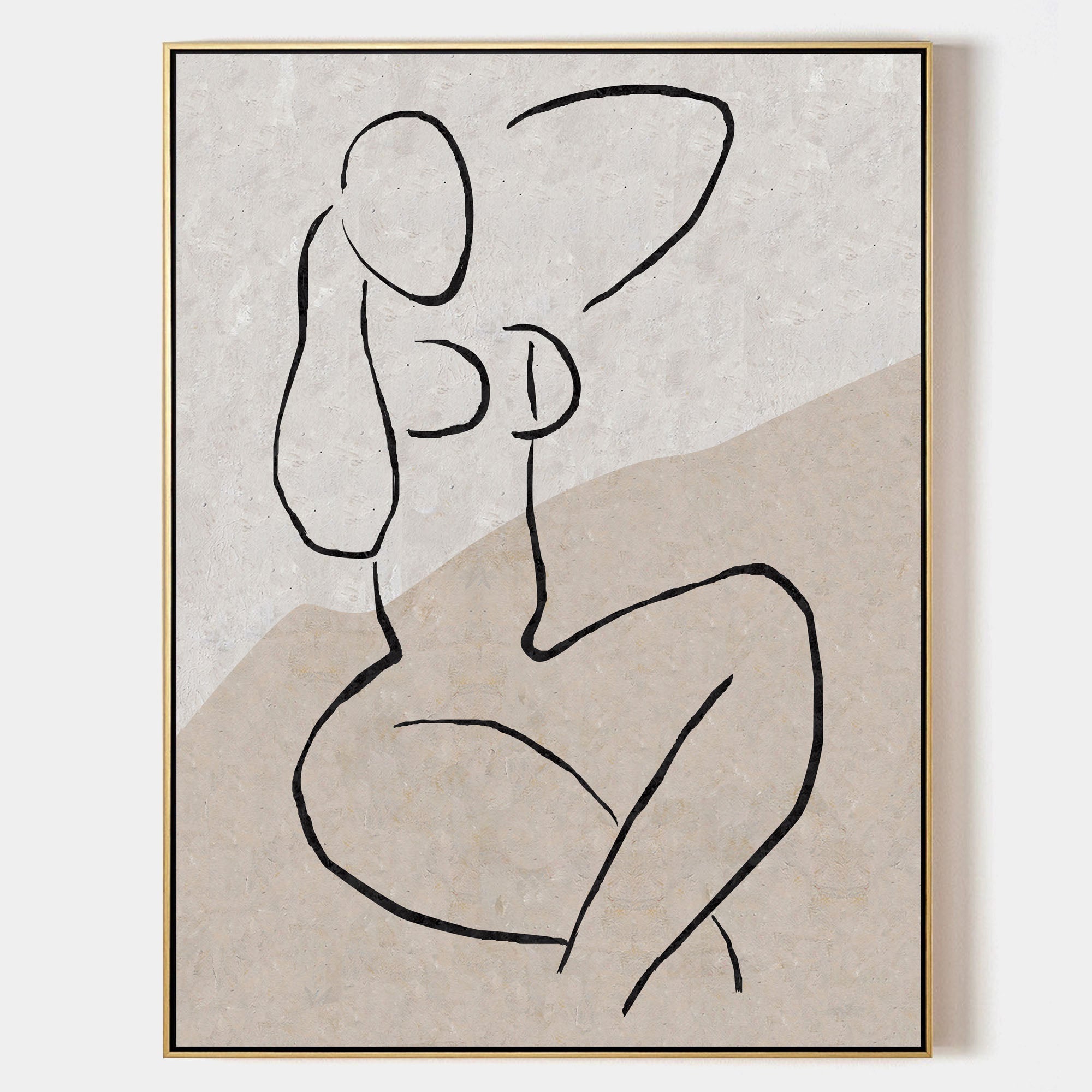 Original hand painted beige ivory female figure line art oil painting canvas, nordic scandinavian minimalist elegant luxury modern bedr