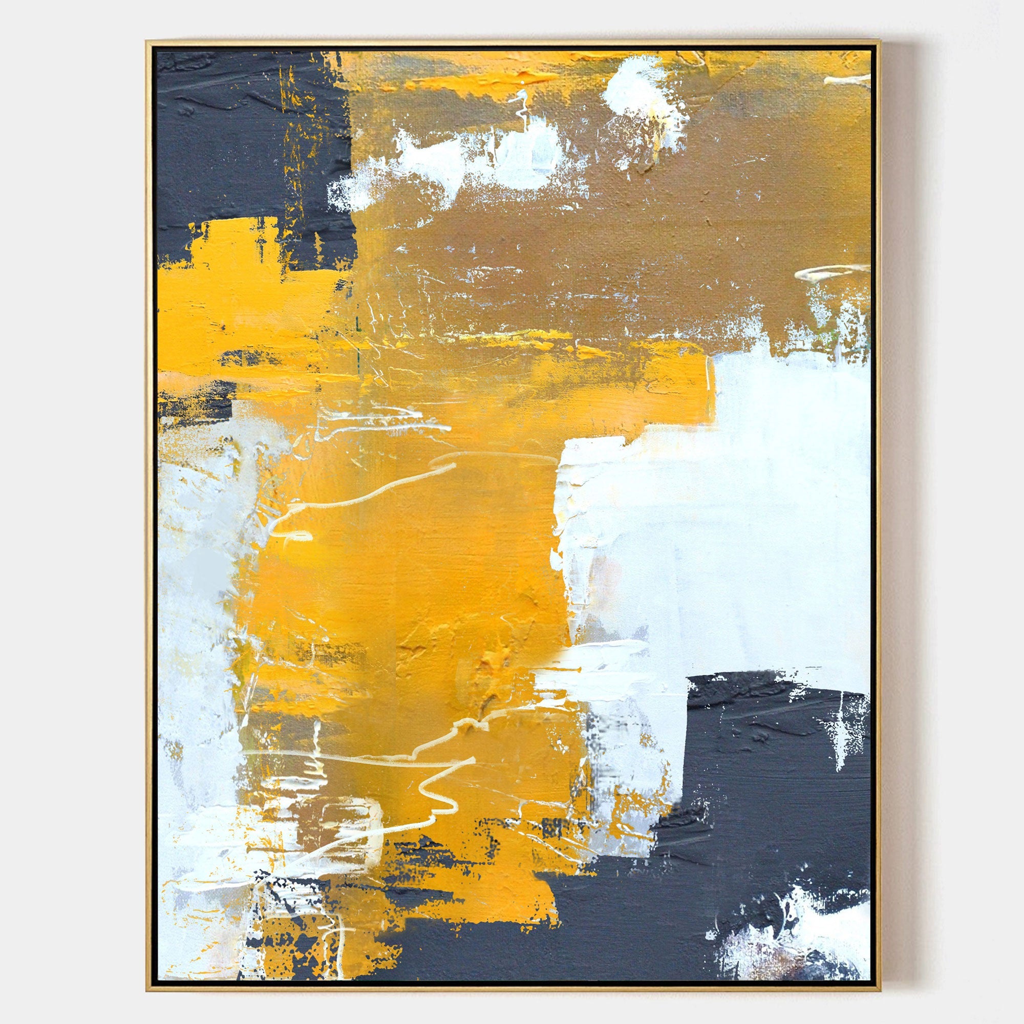 Original hand painted gold charcoal abstract oil painting canvas wall art, textured nordic scandinavian elegant luxury modern living ro