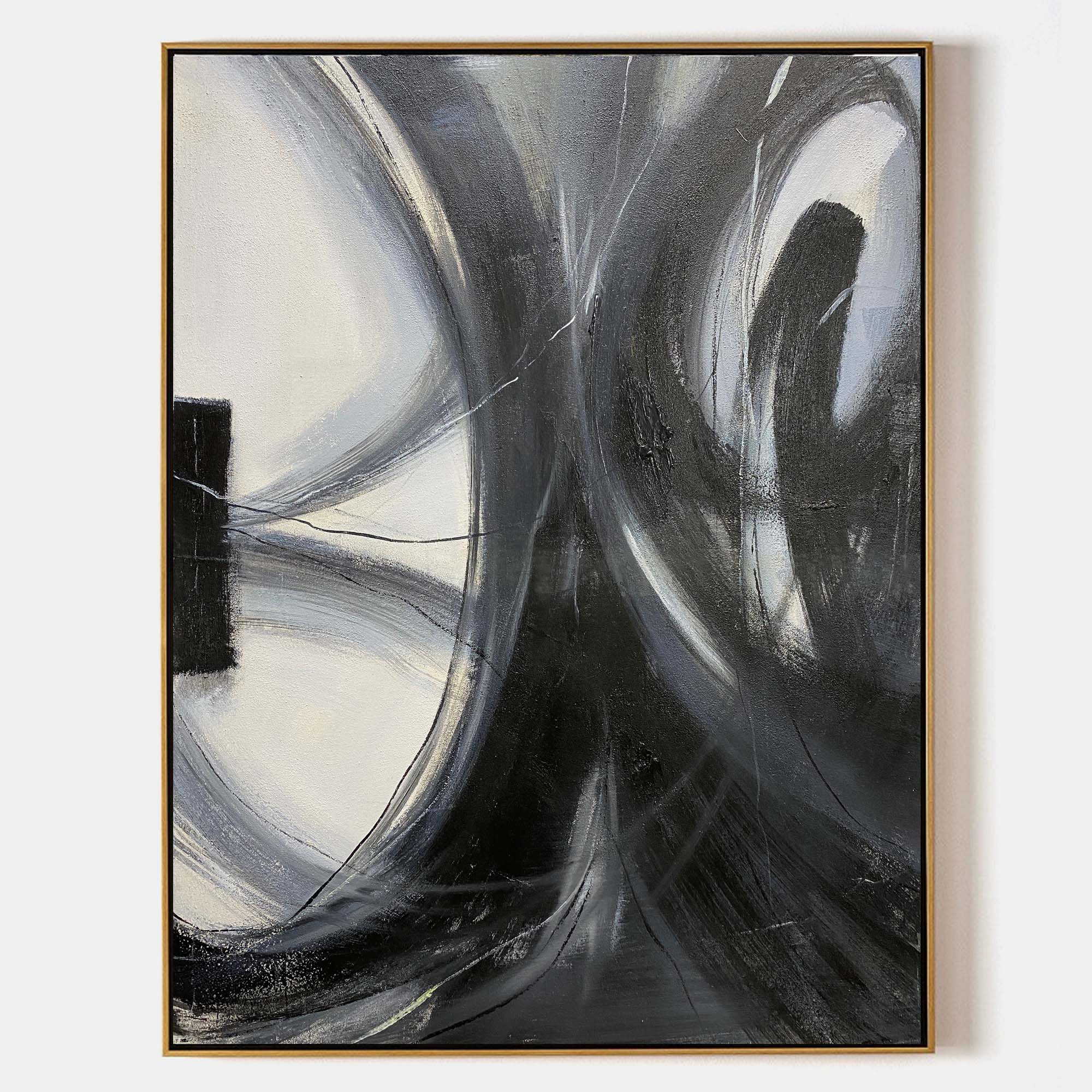 Original hand painted black ivory swirling abstract oil painting canvas wall art, nordic scandinavian elegant luxury modern living room