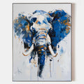 Original hand painted cobalt blue elephant abstract oil painting canvas wall art, bold gold white impasto modern luxury elegant home de