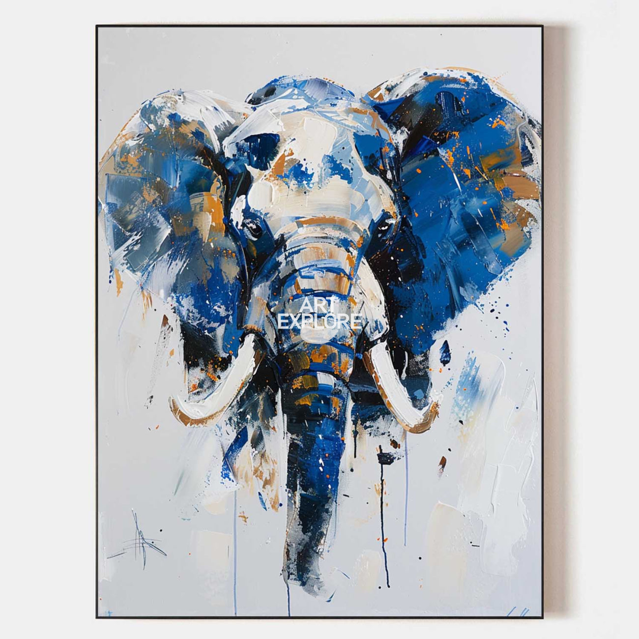 Original hand painted cobalt blue elephant abstract oil painting canvas wall art, bold gold white impasto modern luxury elegant home de