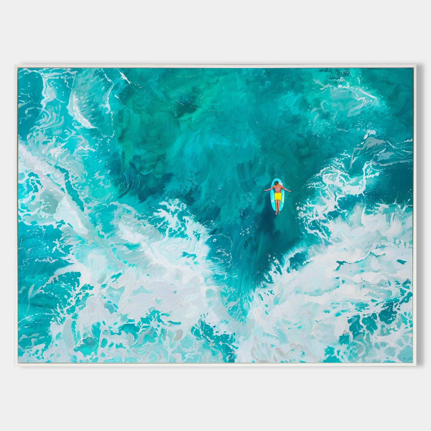 Original hand painted teal turquoise ocean surfer abstract oil painting canvas wall art, coastal modern elegant luxury nordic home deco