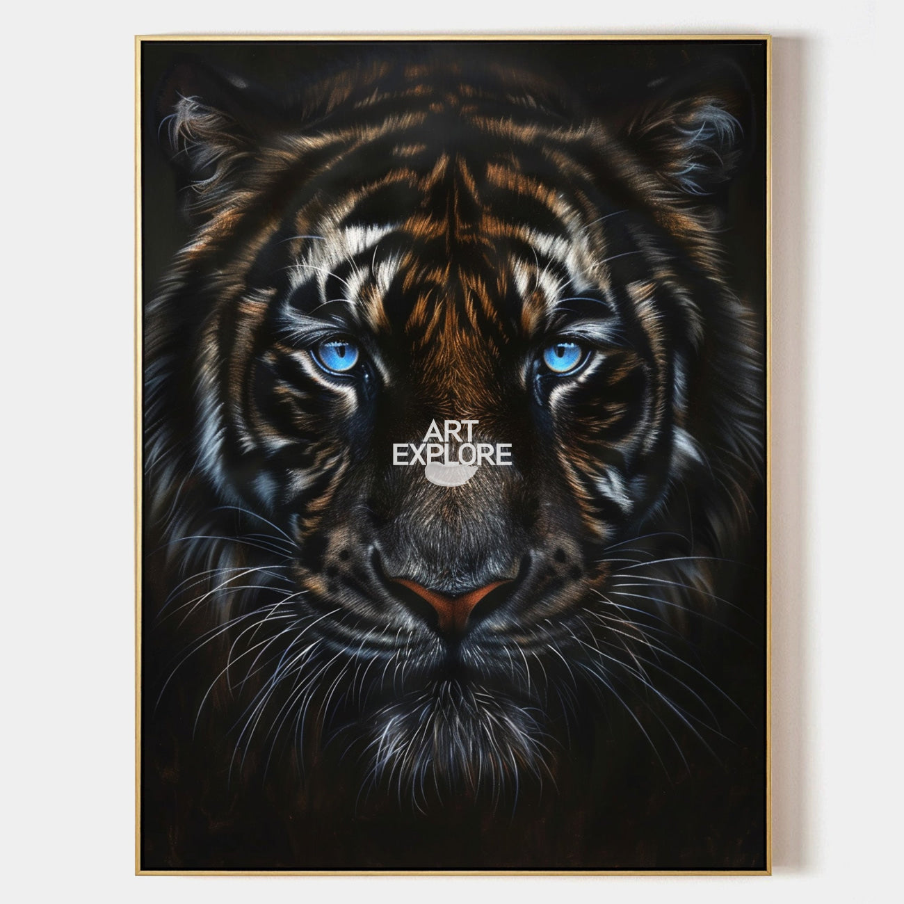 Original hand painted dark tiger blue eyes oil painting canvas, elegant luxury modern bold wall art home decor interior design statemen