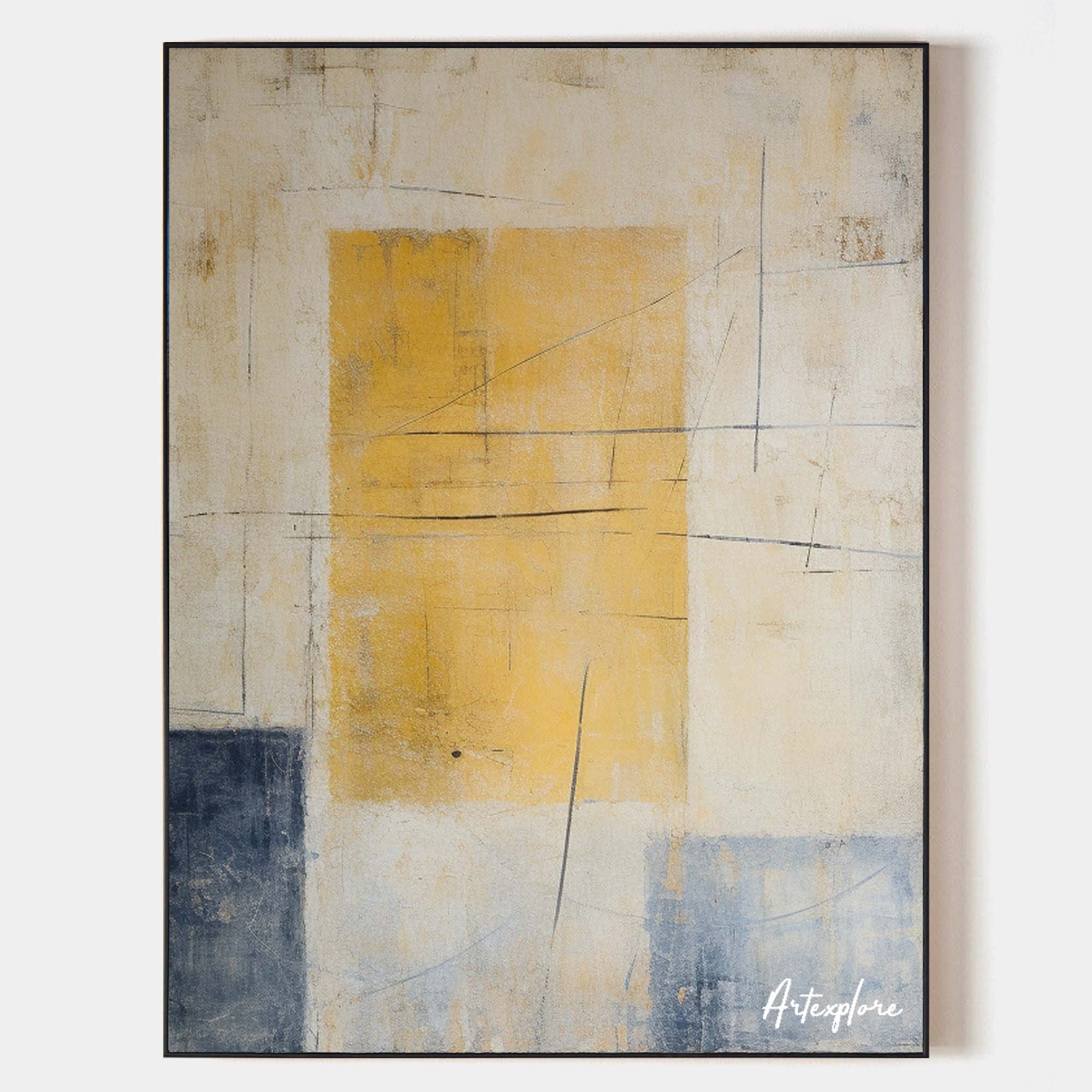 Original hand painted ochre yellow navy abstract oil painting canvas wall art, nordic scandinavian minimalist elegant luxury modern liv
