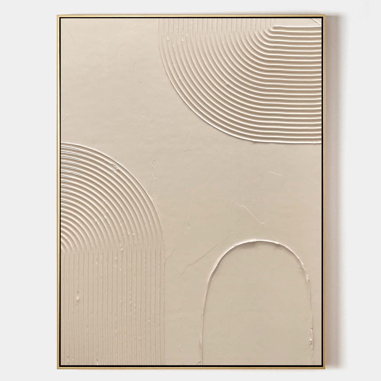 Original hand painted beige abstract oil painting canvas, raised concentric arch texture, minimalist nordic scandinavian elegant luxury