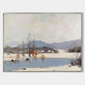 Original hand painted ivory and blue-grey nordic winter landscape oil painting canvas wall art, scandinavian minimalist elegant luxury