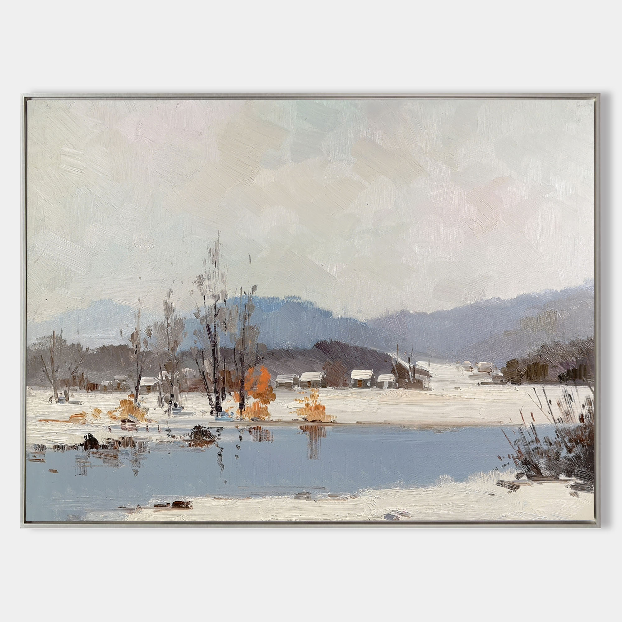 Original hand painted ivory and blue-grey nordic winter landscape oil painting canvas wall art, scandinavian minimalist elegant luxury
