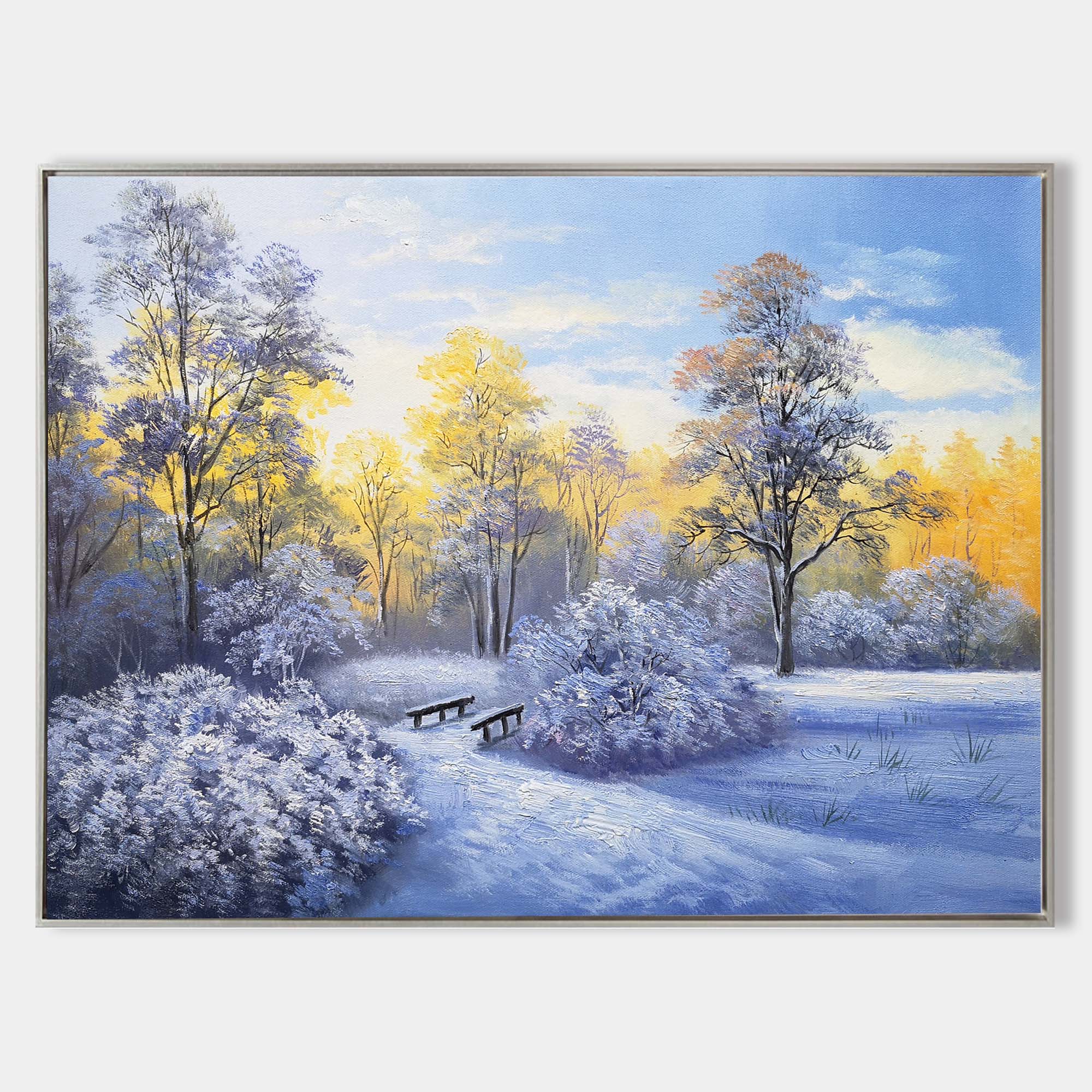Original hand painted blue white gold winter forest oil painting canvas wall art, nordic scandinavian elegant luxury modern living room