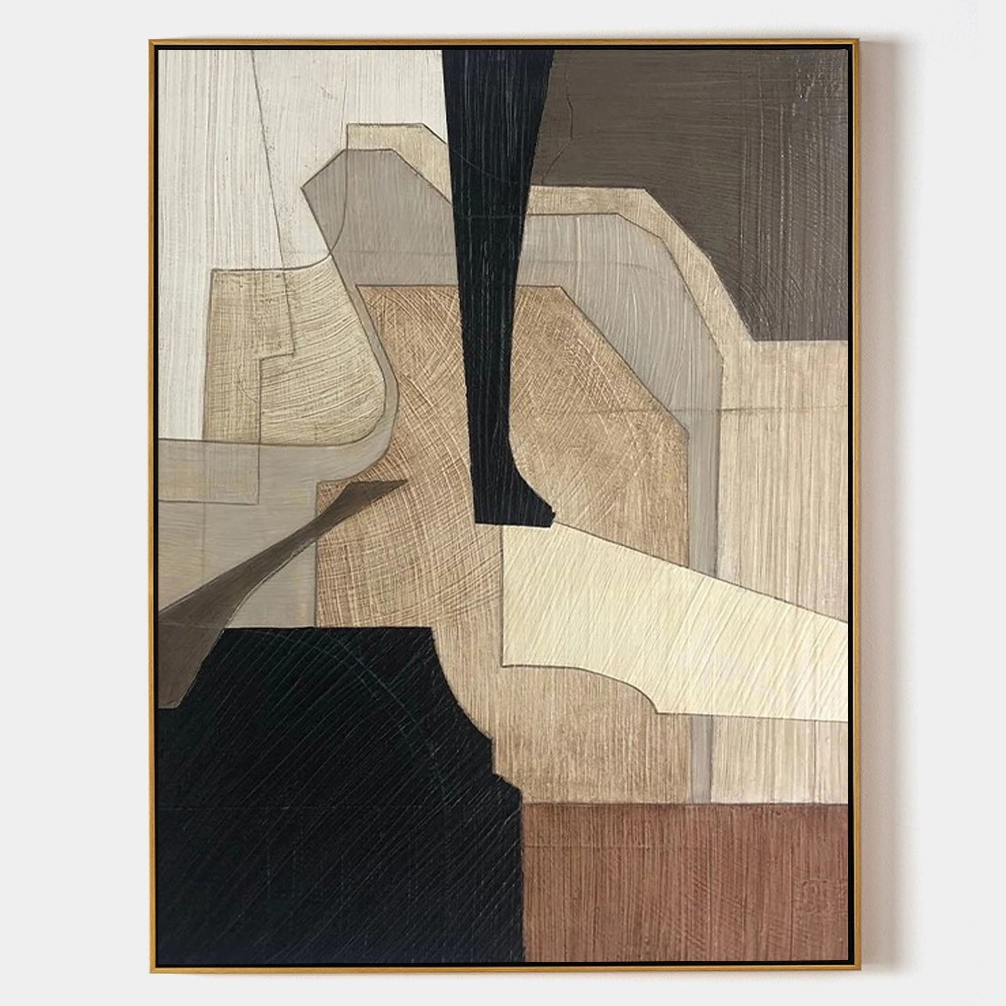 Original hand painted beige black terracotta geometric abstract oil painting canvas wall art, nordic scandinavian elegant luxury modern