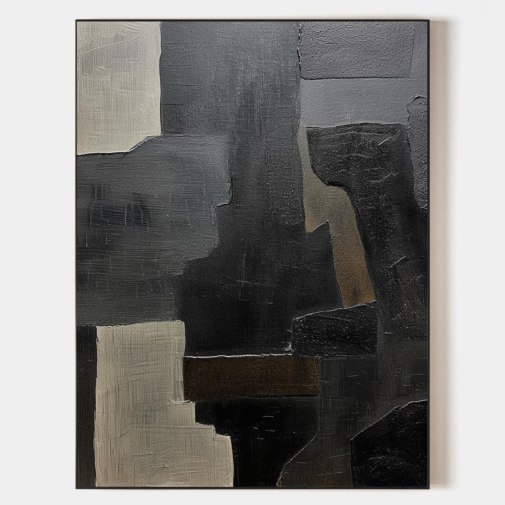 Original hand painted charcoal black abstract geometric oil painting canvas wall art, nordic scandinavian minimalist elegant luxury mod