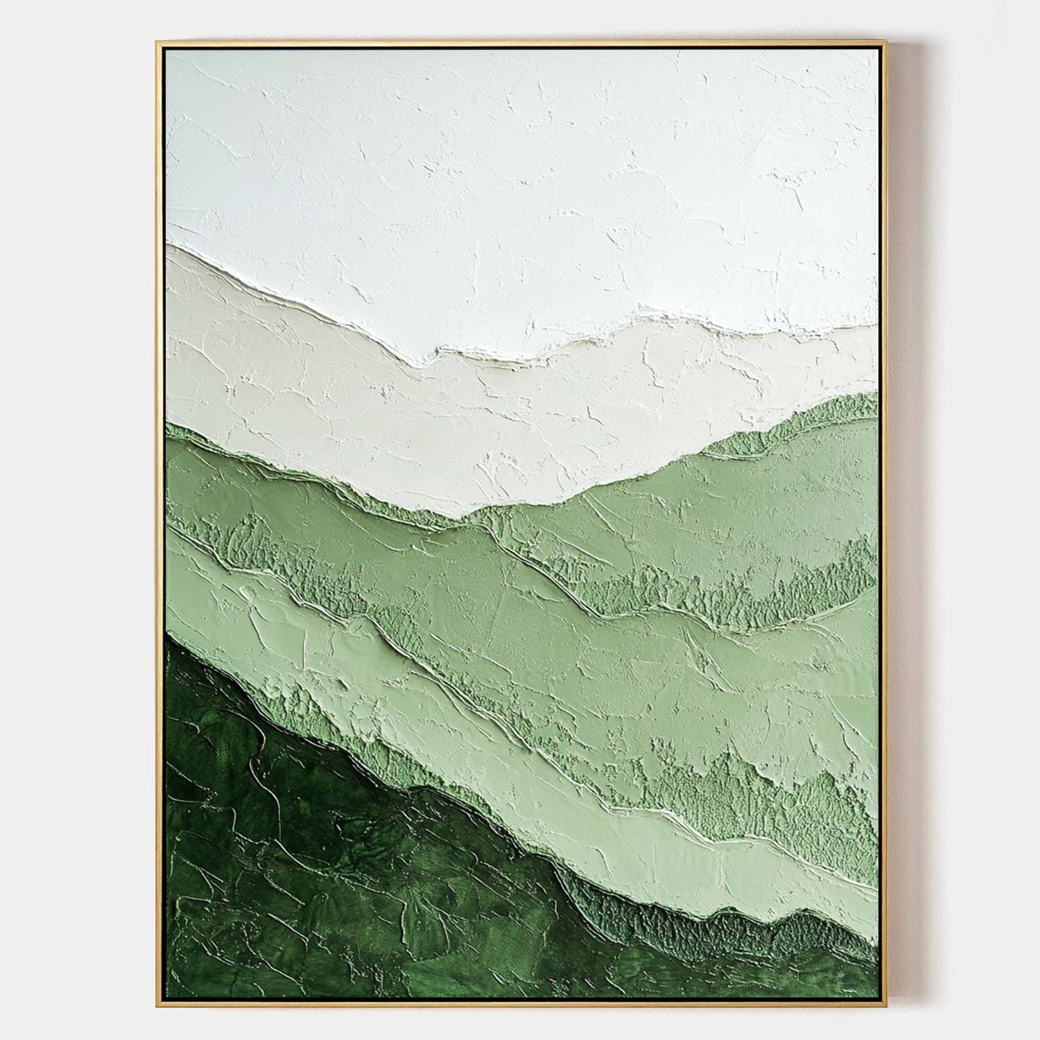 Original hand painted sage green abstract oil painting canvas wall art, textured layered mountains nordic scandinavian minimalist elega