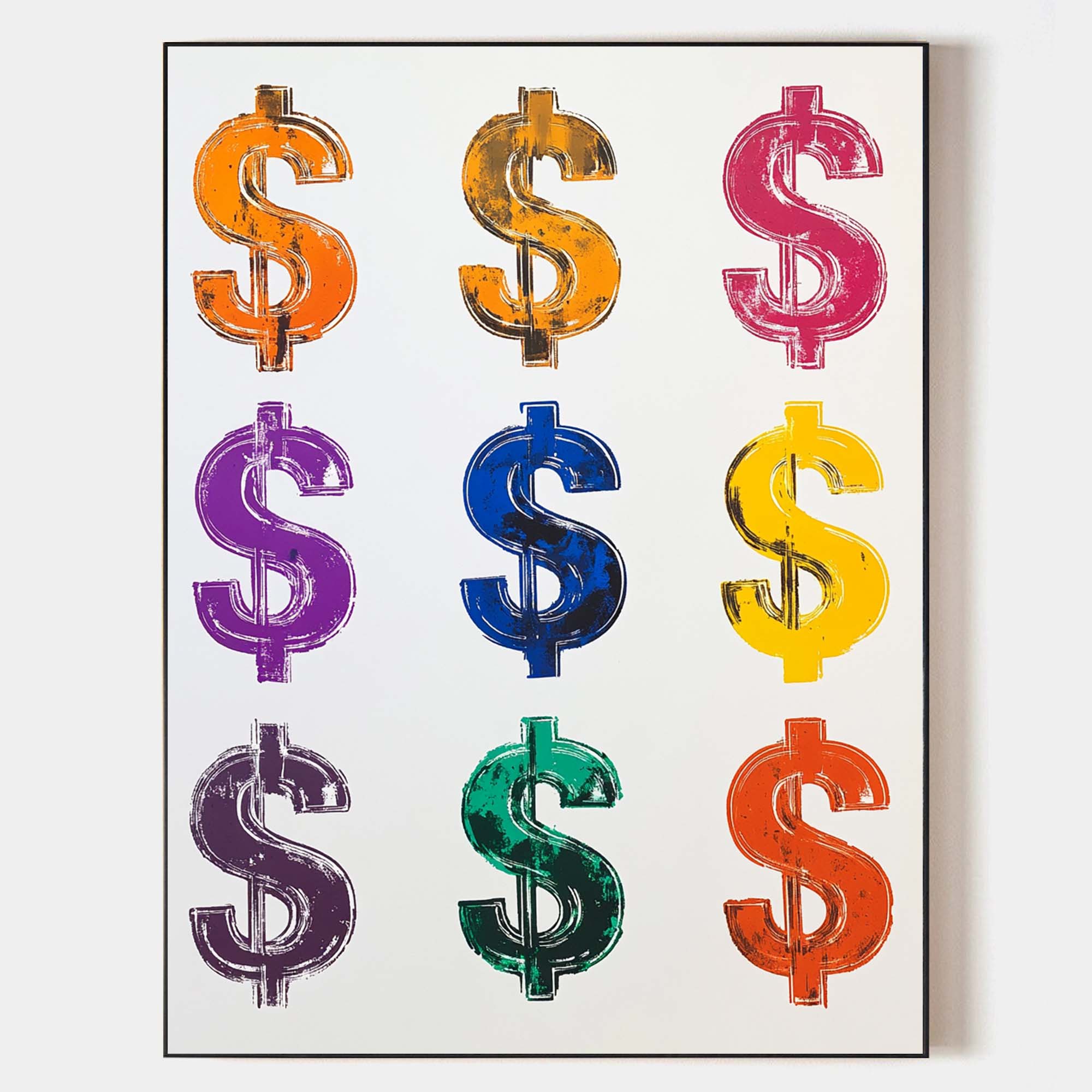 Original hand painted multicolor dollar sign abstract oil painting canvas wall art, modern elegant luxury pop art home decor interior d