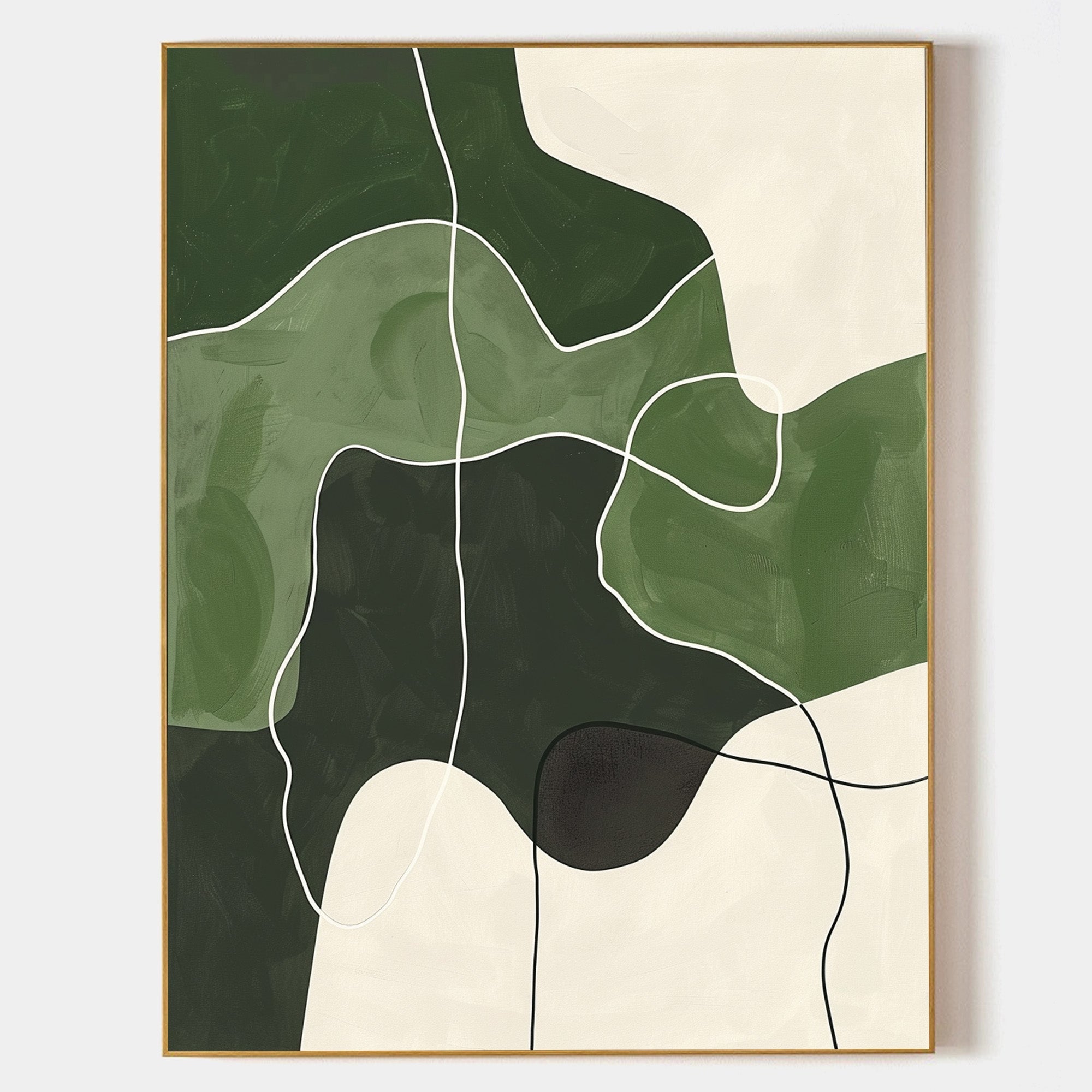 Original hand painted forest sage green abstract oil painting canvas, bold organic shapes white line art, nordic scandinavian elegant l