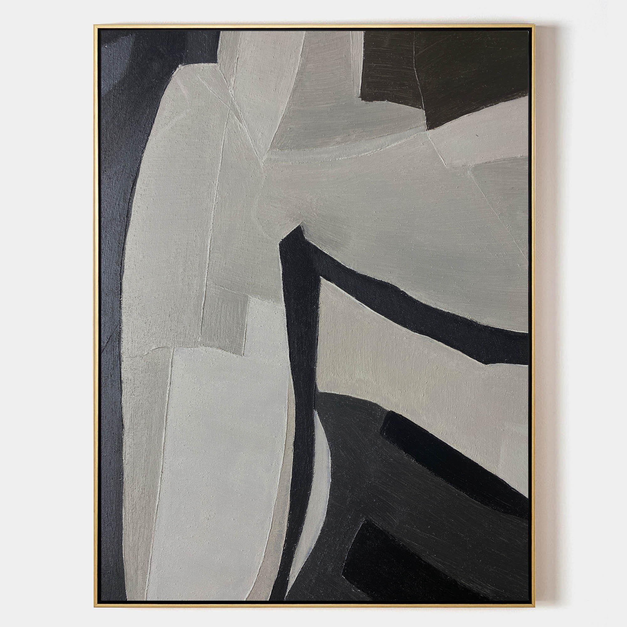 Original hand painted ash grey black geometric abstract oil painting canvas wall art, nordic scandinavian minimalist elegant luxury mod