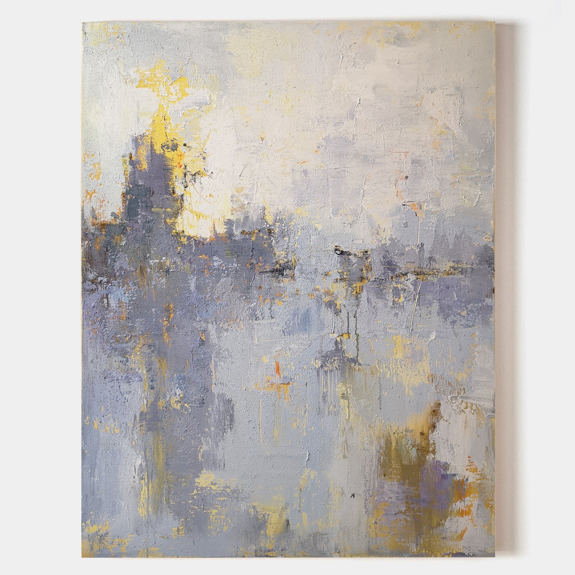 Original hand painted gold grey lavender abstract oil painting canvas wall art, nordic scandinavian elegant luxury modern atmospheric h